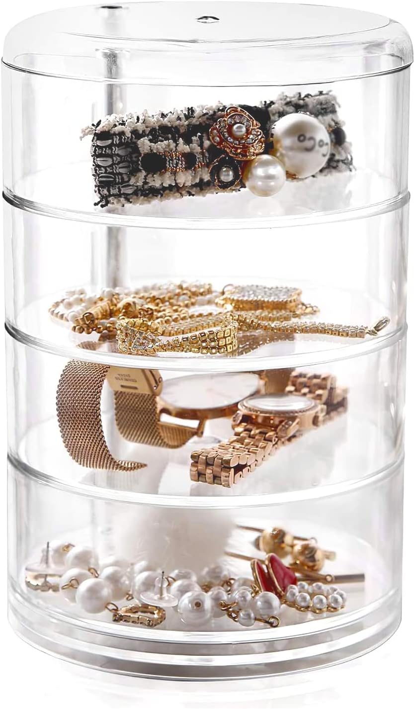 Acrylic Organizer, 4-Tier 360 Degree Rotating Jewelry Storage Box for Earring Bracelets Rings Cosmetic Fits Small Spaces on Dressing Table, Clear