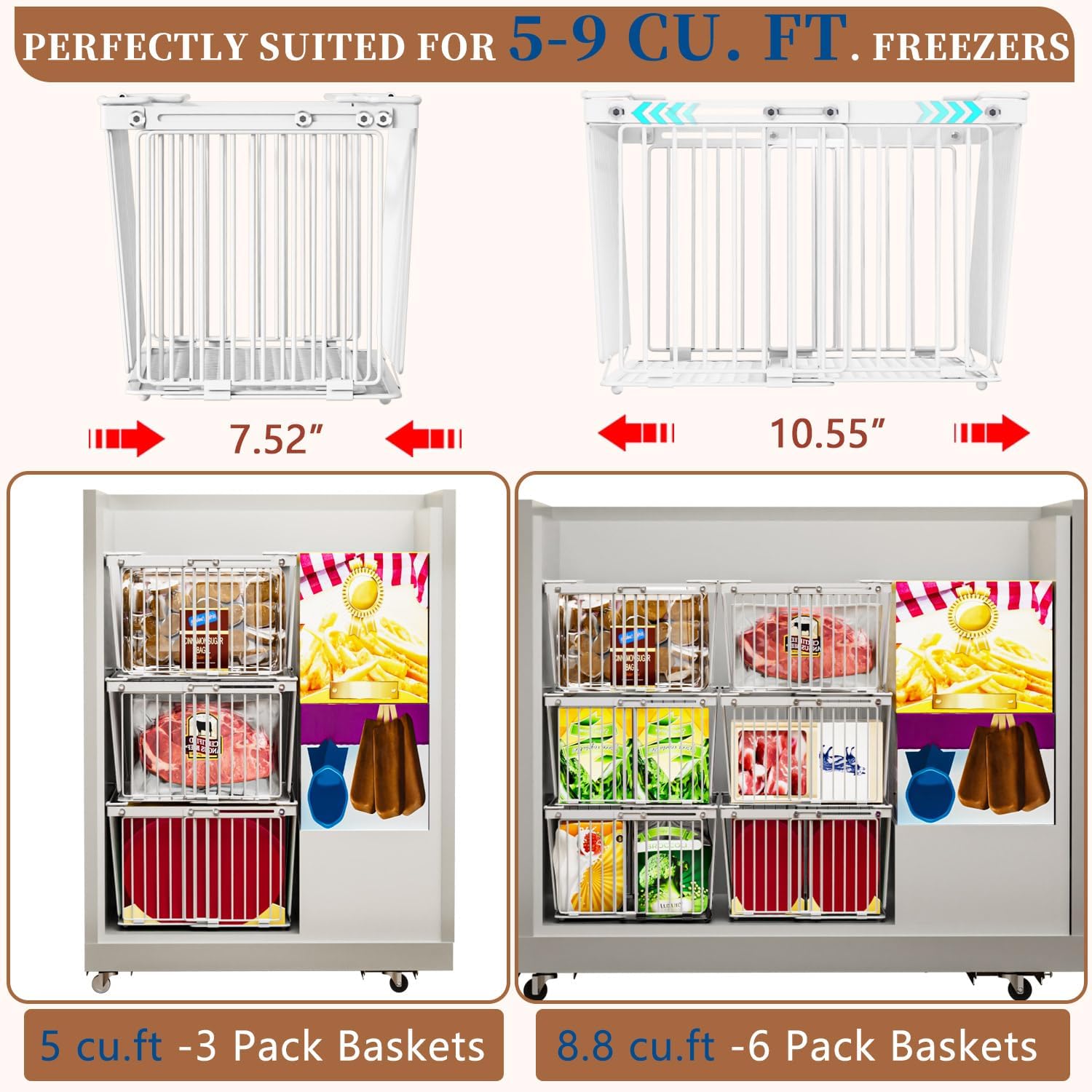 Large Freezer Organizer Bins，Upgraded Bottom Leak-Proof net，Fit 5 to 9 Cu Ft Chest Freezer，4 Pack， Expandable Stackable Chest Freezer Containers with Handle (White-4P) - Image 5