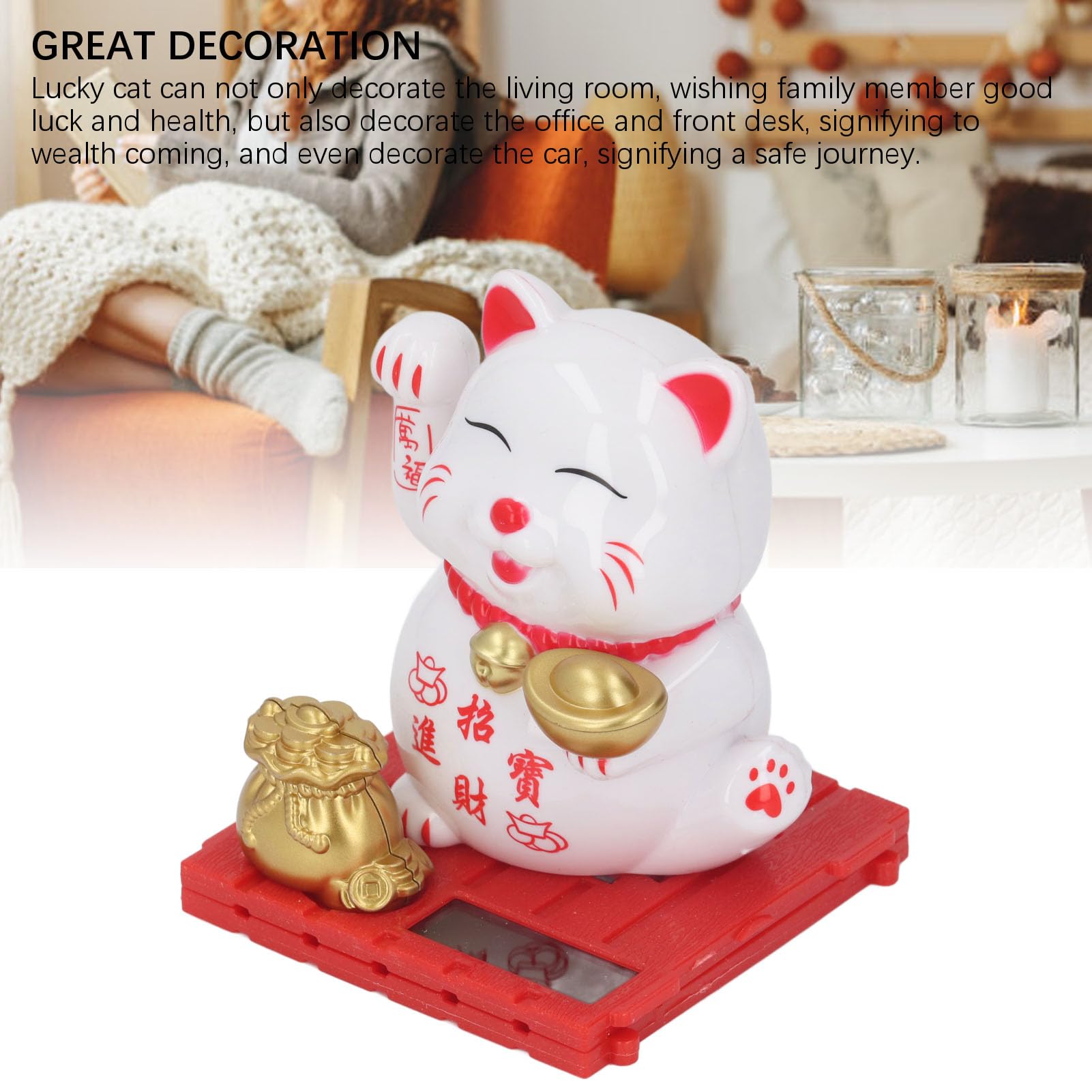 Lucky Cat, Solar Powered Cute Waving Cat, Lucky Cat Waving Arm Set,Vivid and Lovely Chinese Cat,Solar Fortune Cat Statue Decorations for Front Desk Car Business Openings (White)
