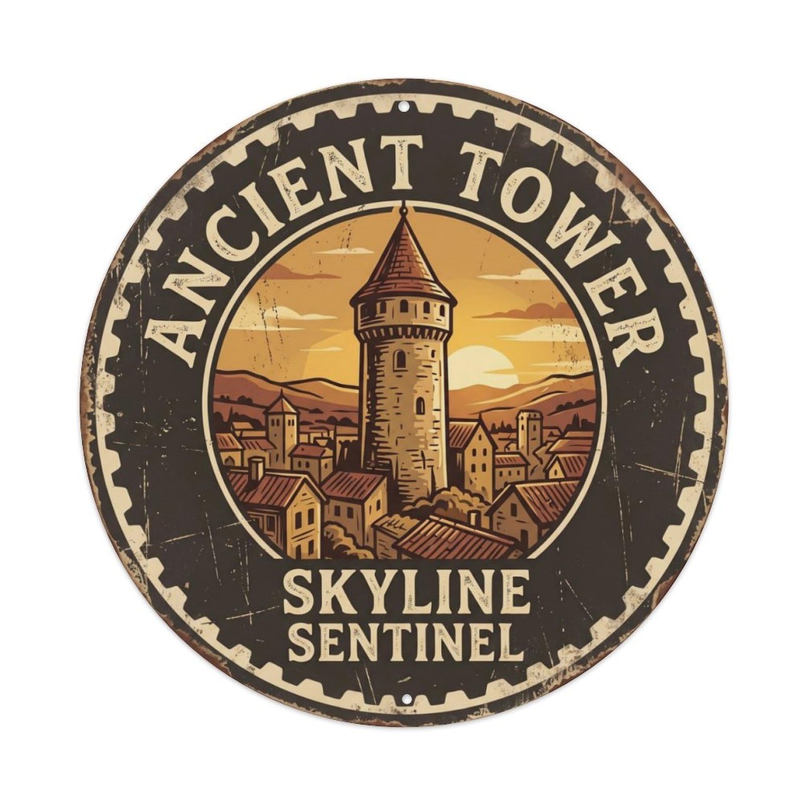Vintage Travel Ancient Tower Skyline Metal Tin Sign Plaque Wall Decor for Cafe, Club Bar, Office, Home Garden Round Metal Poster 8x8Inch