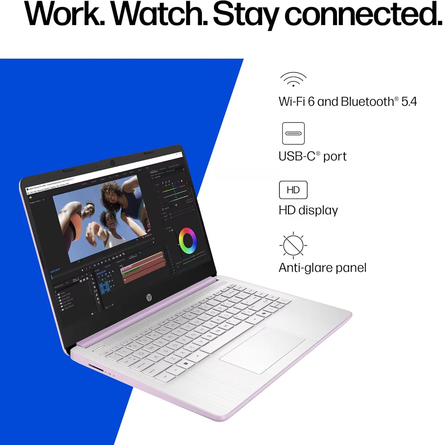 HP 14-inch laptop displaying connectivity features like Wi-Fi 6, Bluetooth 5.4, USB-C port, HD display, and anti-glare panel.