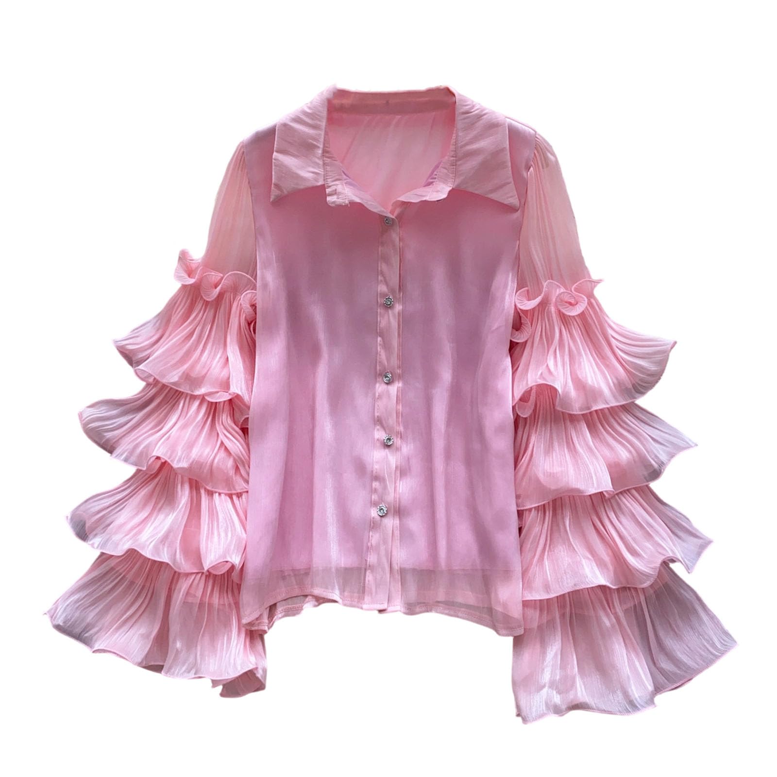 Camicia da Donna con Bottoni, Balza, Maniche Lunghe a Strati, Camicie Eleganti da Lavoro, Blusa Elegante