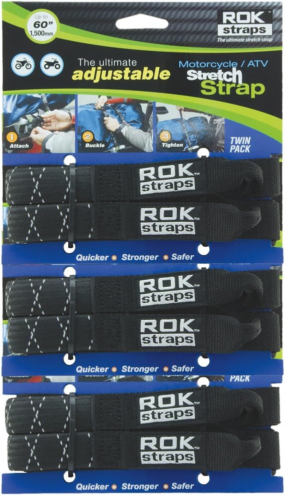 ROK Straps ROK-10050-3PR Black/Reflective 18"- 60" Motorcycle/ATV Adjustable Stretch Strap, 3 Pair