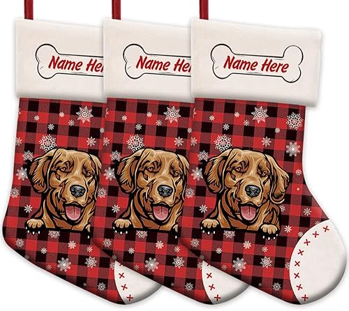Vista 25 de Foto personalizada, Feliz Navidad, búfalo rojo, a cuadros, calcetín de Navidad para perro, copo de nieve, chimenea, decoración de vacaciones