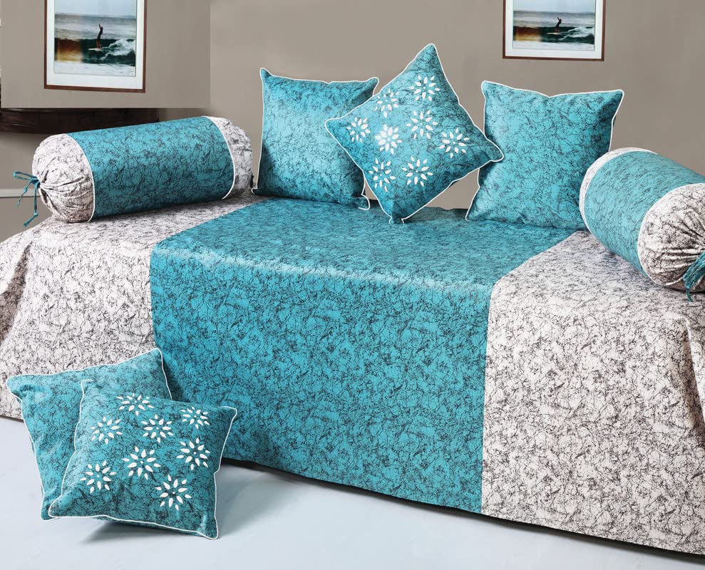 Image of Home Sajja Premium Velvet 1 Diwan Sheet, 2 Bloster with Dori, 5 Cushions Cover, Size- 60 x 90, Colour-Aqua & White