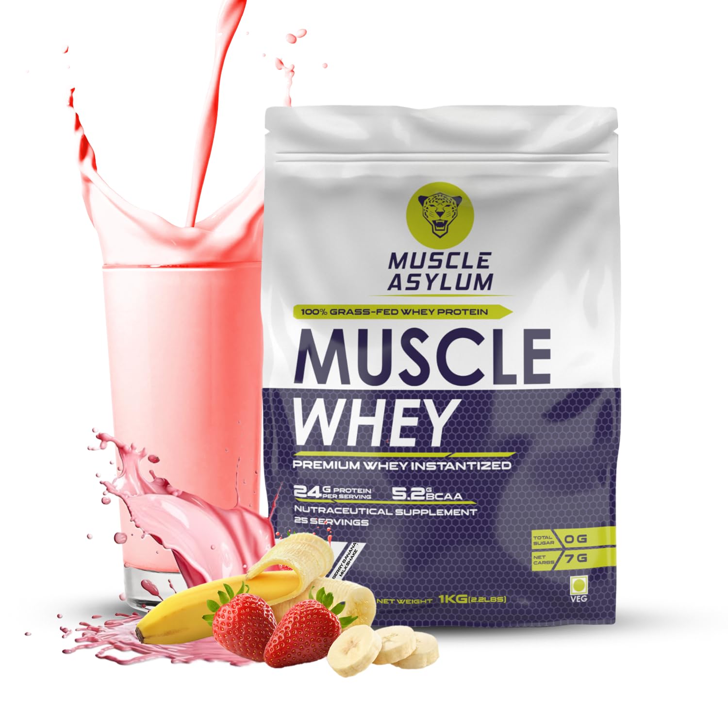 Muscle Asylum Premium Whey Protein l 1kg, 25 Servings l Berry Banana Milkshake l With Genuine Lab Reports l Muscle Building & Recovery | Increased Muscle