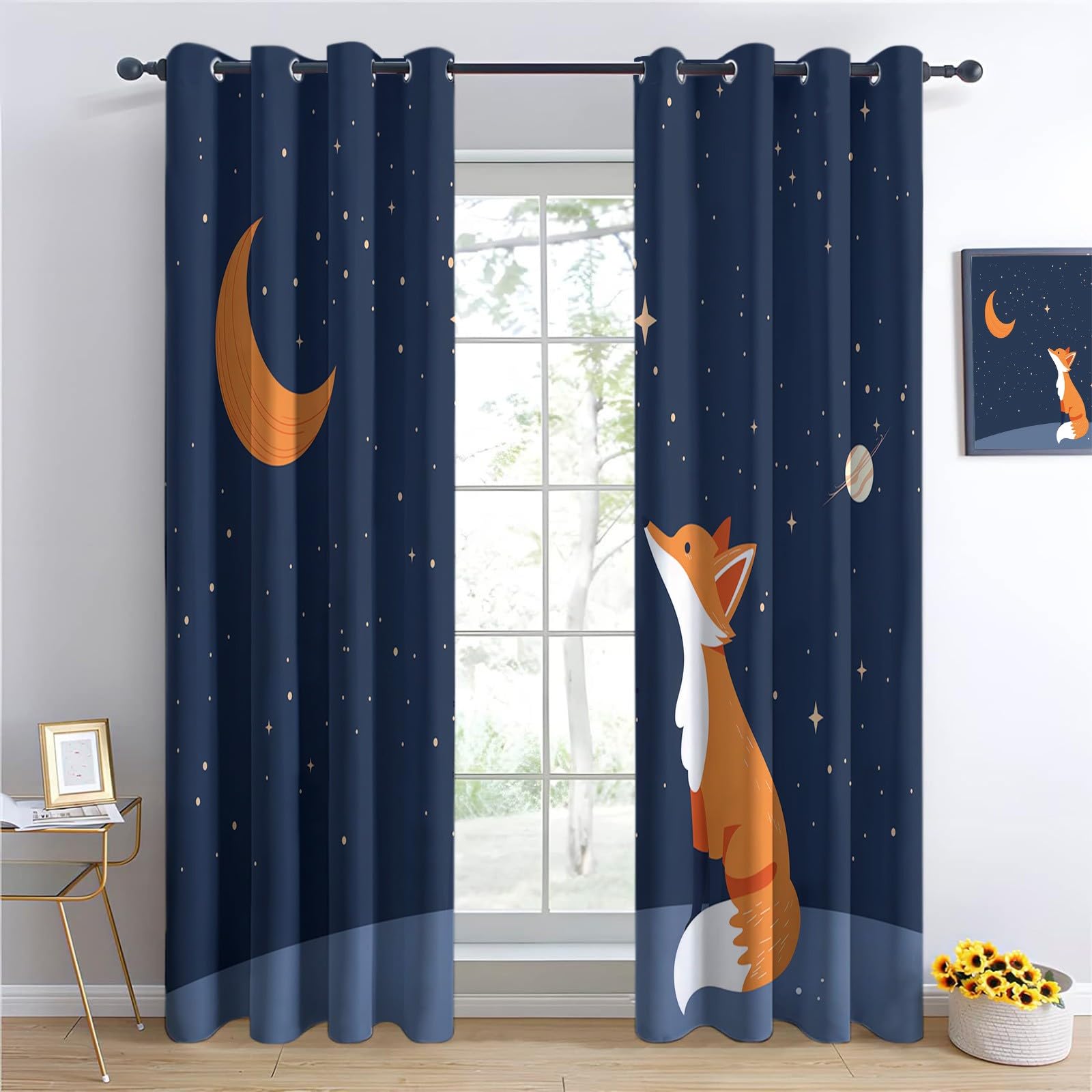 Wärmeisoliert Abdunkelnd LichtundurchlässigVorhänge Blau, Cartoon Fuchs Sternenhimmel Blickdicht Thermovorhang aus Polyester Privatsphäre Schützende Gardinen für Wohnzimmer, 214 x 183 cm