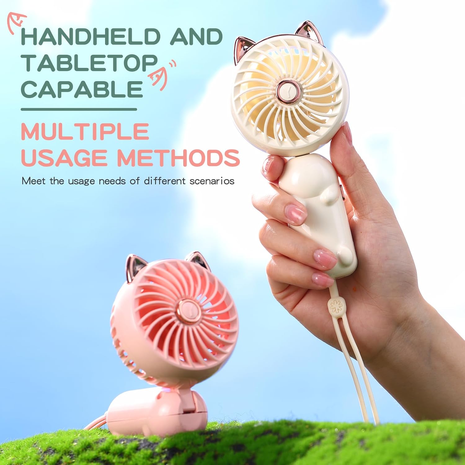 Glooglitter 4 Pcs Mini Handheld Fan Bulk, USB Rechargeable Portable Personal Fan, 3 Speed Wind, 180° Adjustable Fold, Cute Cat Ears Design, for Women Girls Indoor Outdoor Travel Camping Supplies