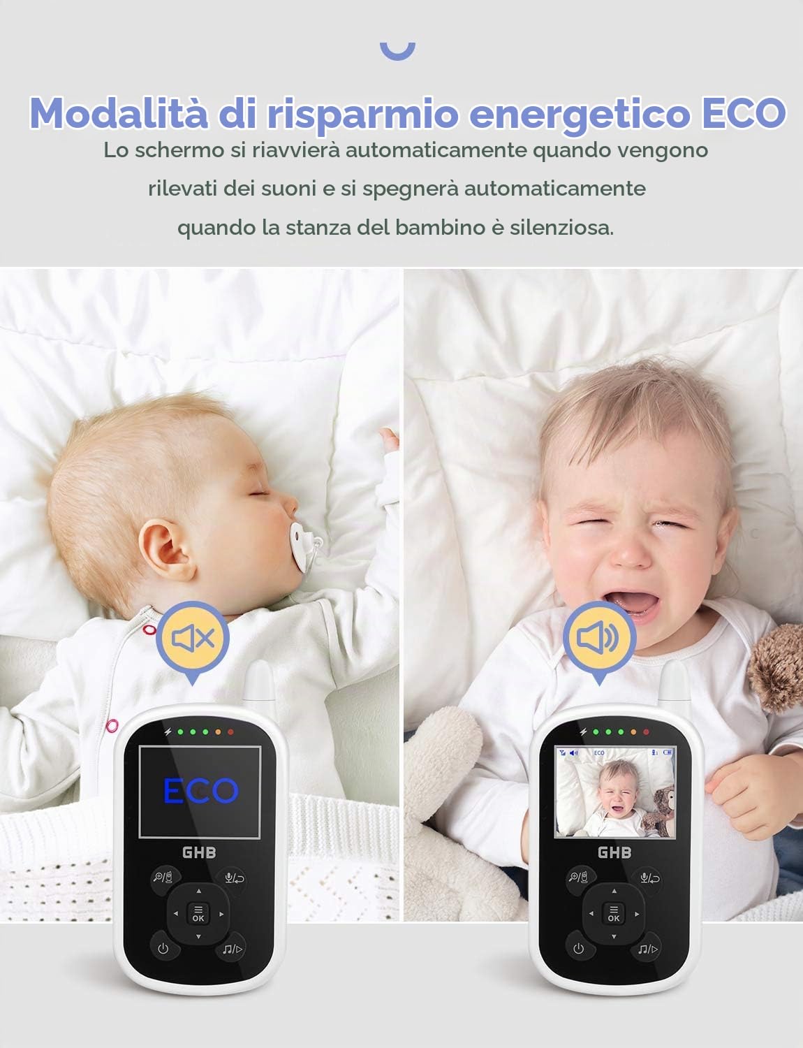 GHB Baby Monitor Videocamera Schermo 2.4inch LCD Telecamere con VOX Visione Notturna Ninne Nanne Visione Monitoraggio Temperatura Funzione interfono Supporta Fino a 4 Telecamere