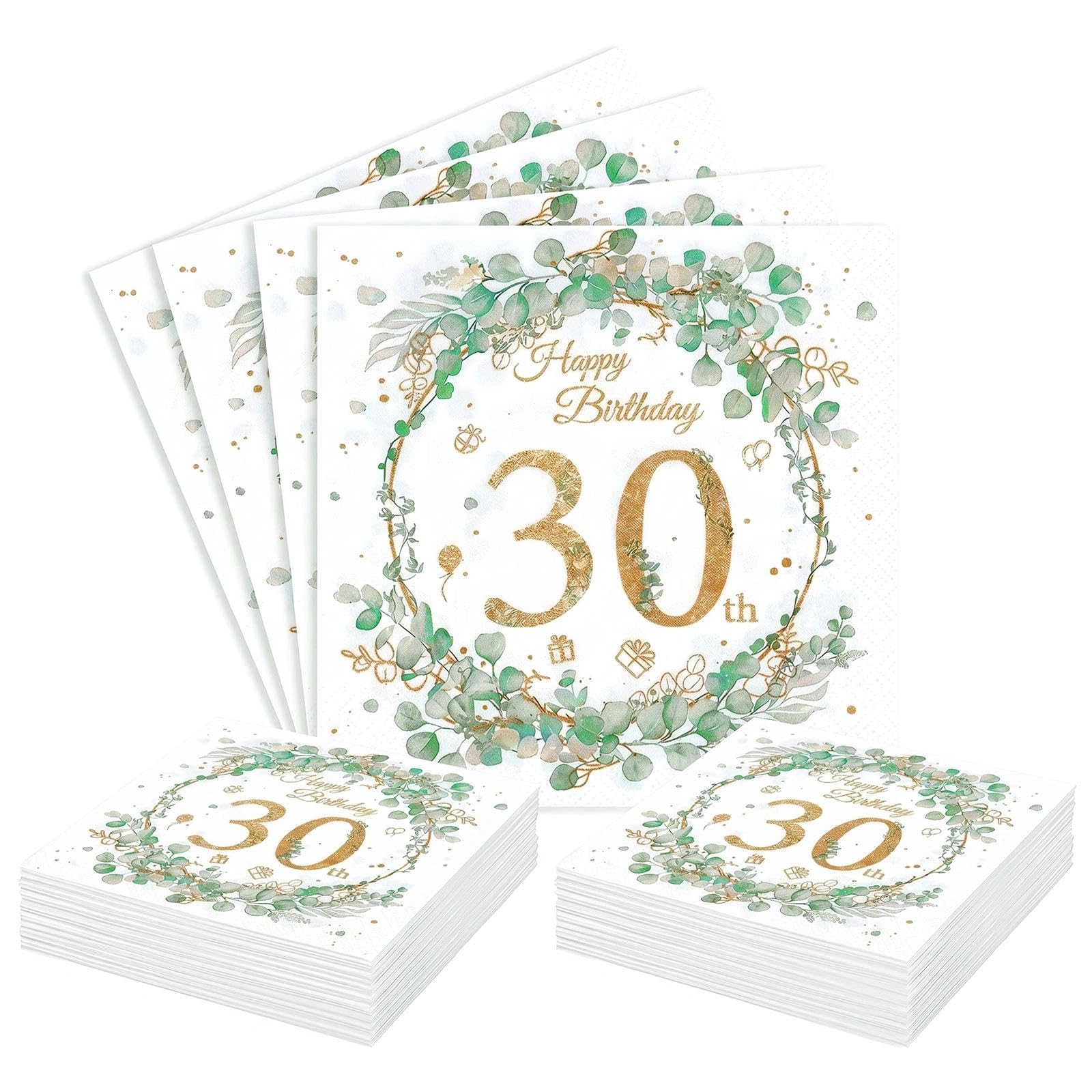 30th Birthday Paper Napkins, 40Pcs Sage Green 30th Birthday Decorations, 2-ply Disposable Eucalyptus Wreath 33x33cm Party Serviettes Napkins for Women Her Party Decorations