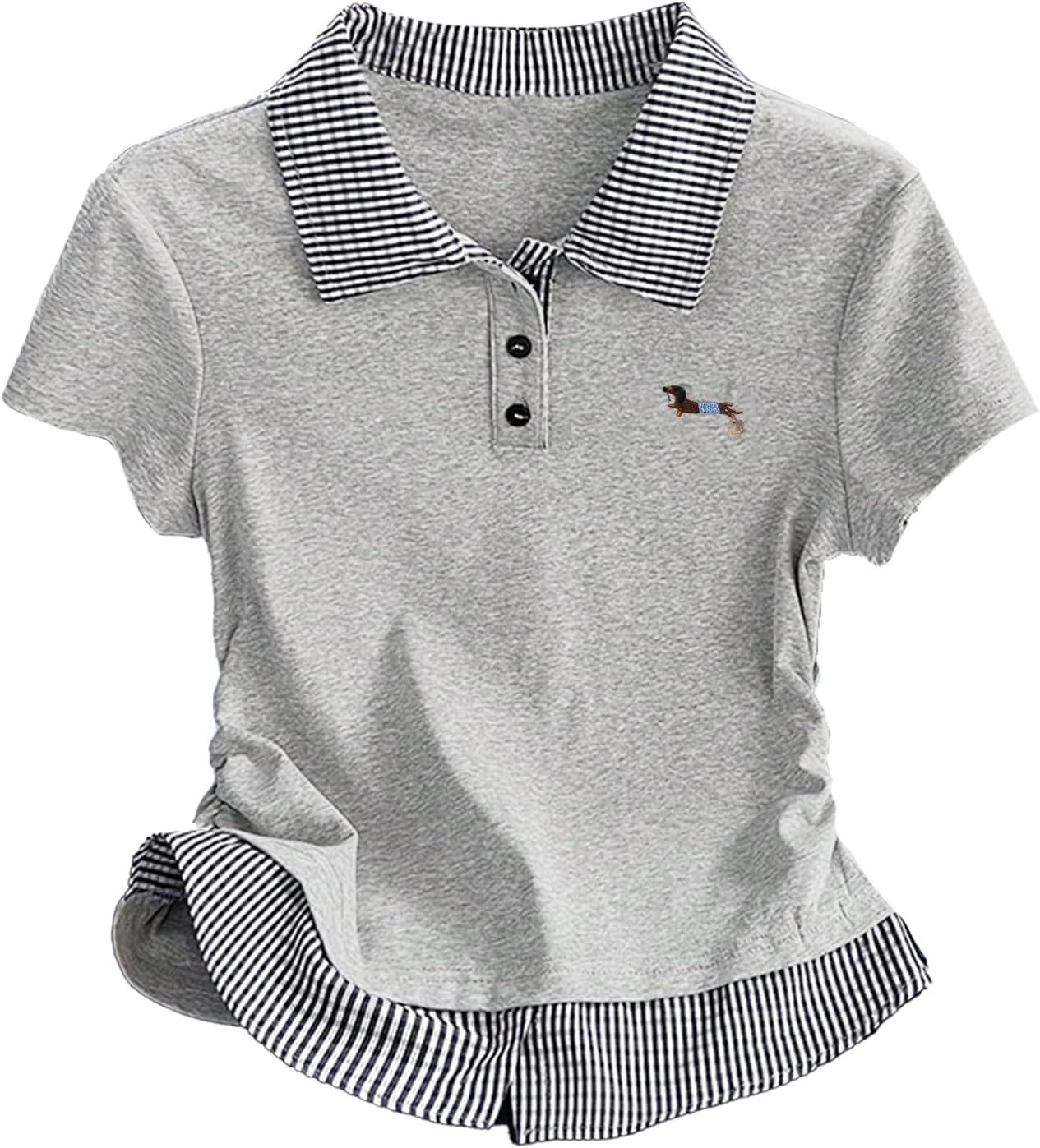 Women's Summer Ruched Short Sleeve T Shirts Striped Button Front Collared Casual Tops