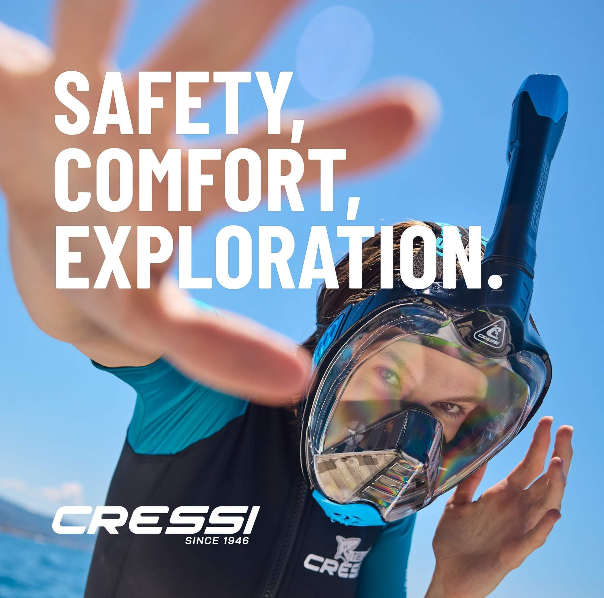 CRESSI Bali Full Face Mask-Máscara Integral Unisex para Snorkeling, Lente Ultra Transparente Antivaho, 100% Silicona, Tubo Seco con Válvula, Apoyo Action CAM
