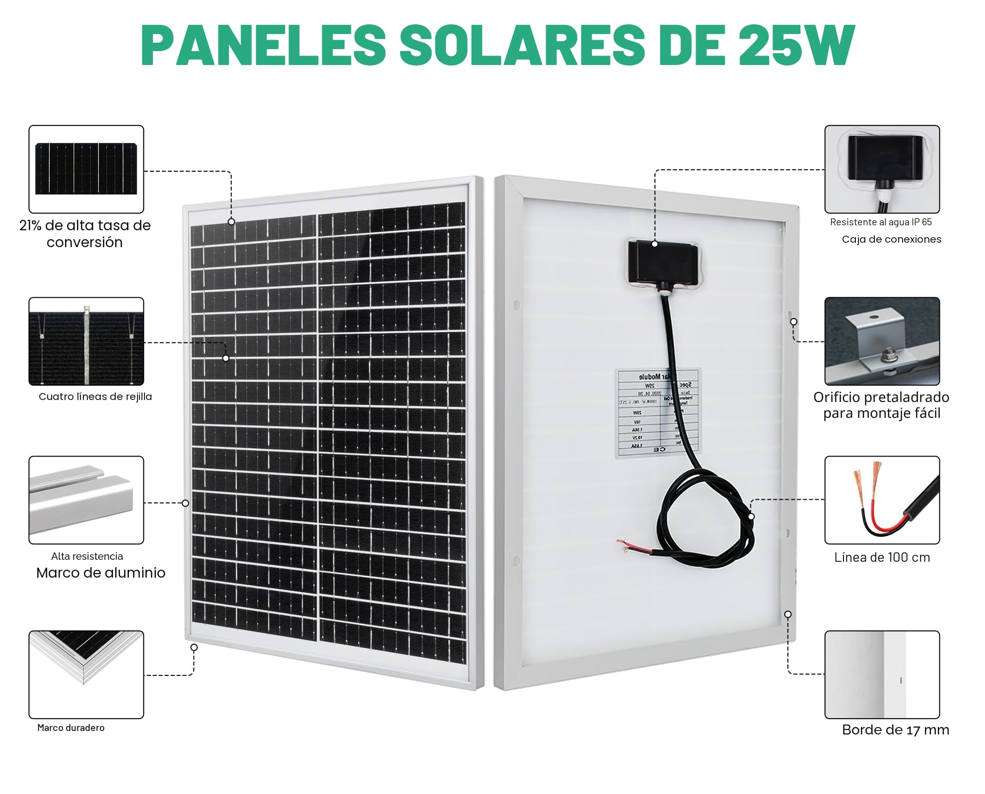 ECO-WORTHY Panel solar 25W 12V IP65 Módulo solar impermeable carga batería fuera de red