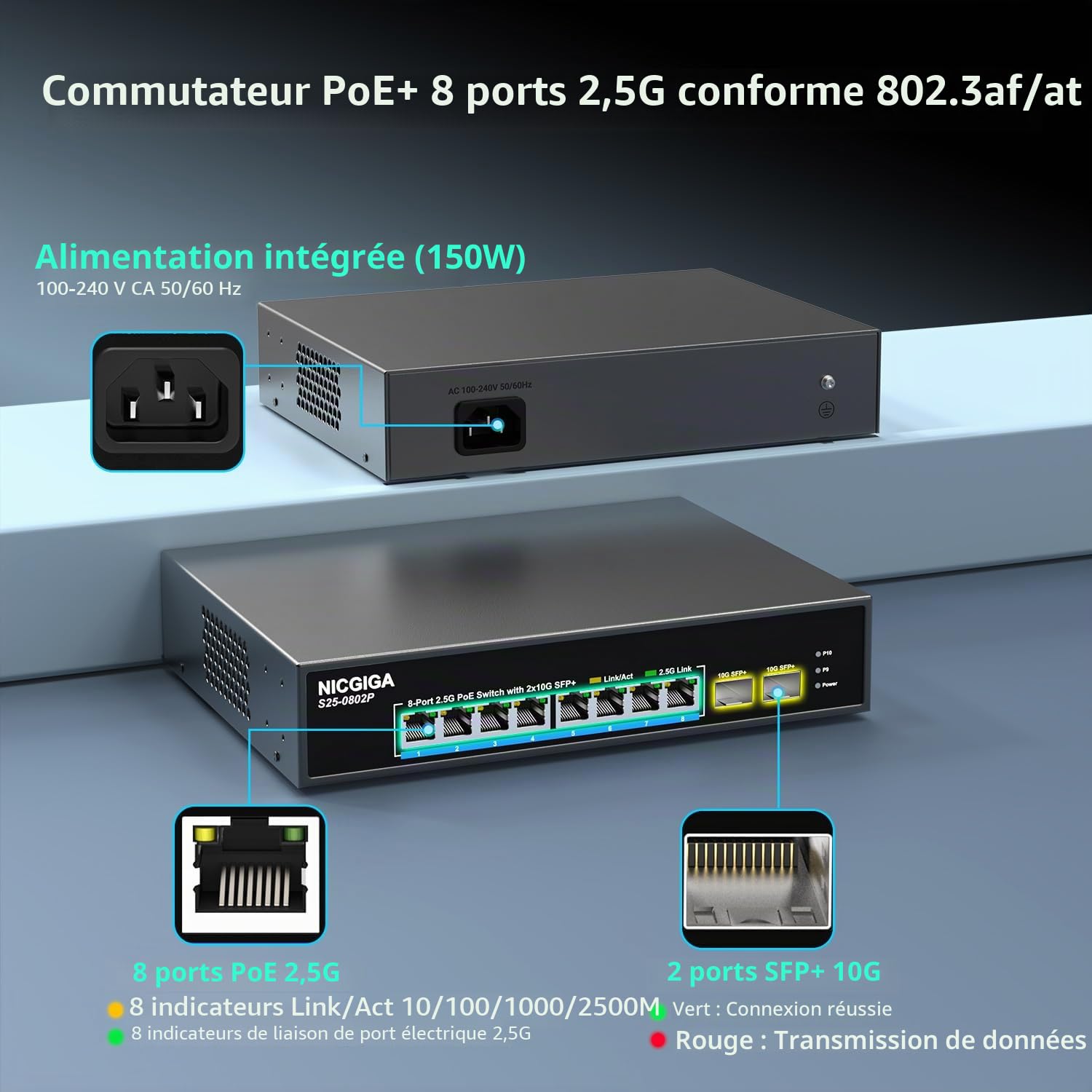Commutateur PoE 8 ports 2,5 G non géré avec 8 ports 2,5 Go Base-T PoE+@130 W + 2 x 10 G SFP+ Uplink, NICGIGA 10 ports 2,5 Go IEEE802.3af/at Power Over Ethernet, prend en charge WiFi6 AP, NAS, 4K PoE