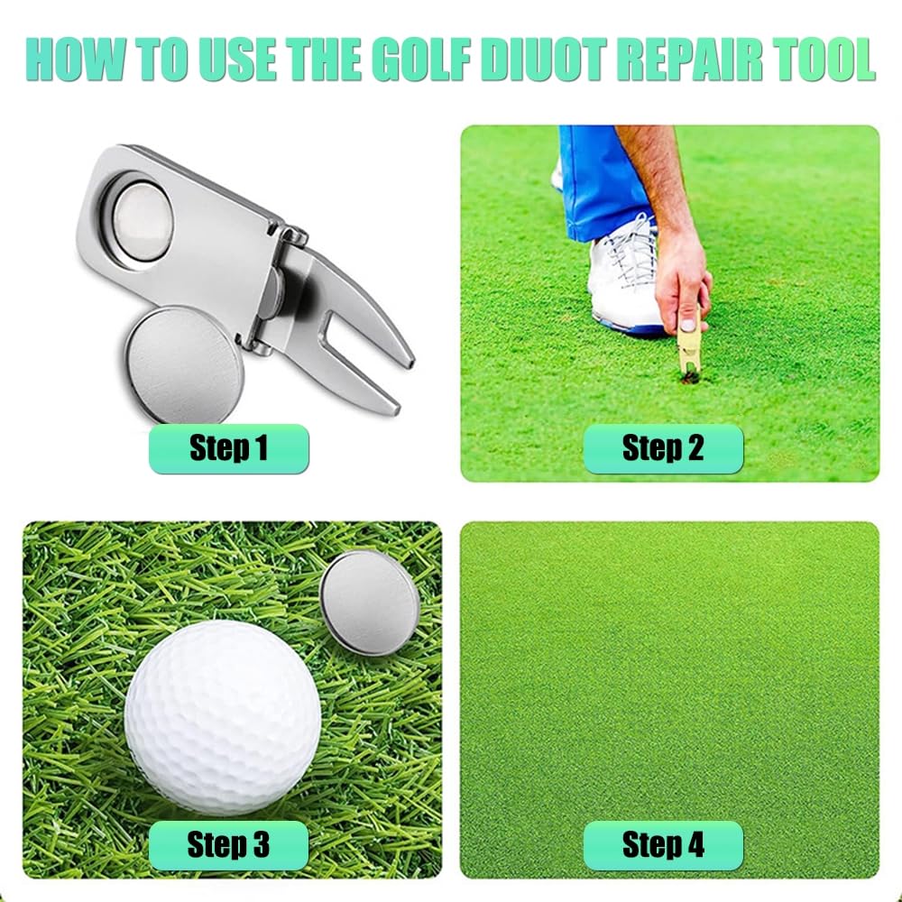 MiOYOOW Lot de 3 Outil Magnétique de Divot de Golf, Outil Pliable de Divot de Réparation de Golf avec Porte-Cigare de Marqueur de Balle pour Le Golfeur, Accessoires de Golf