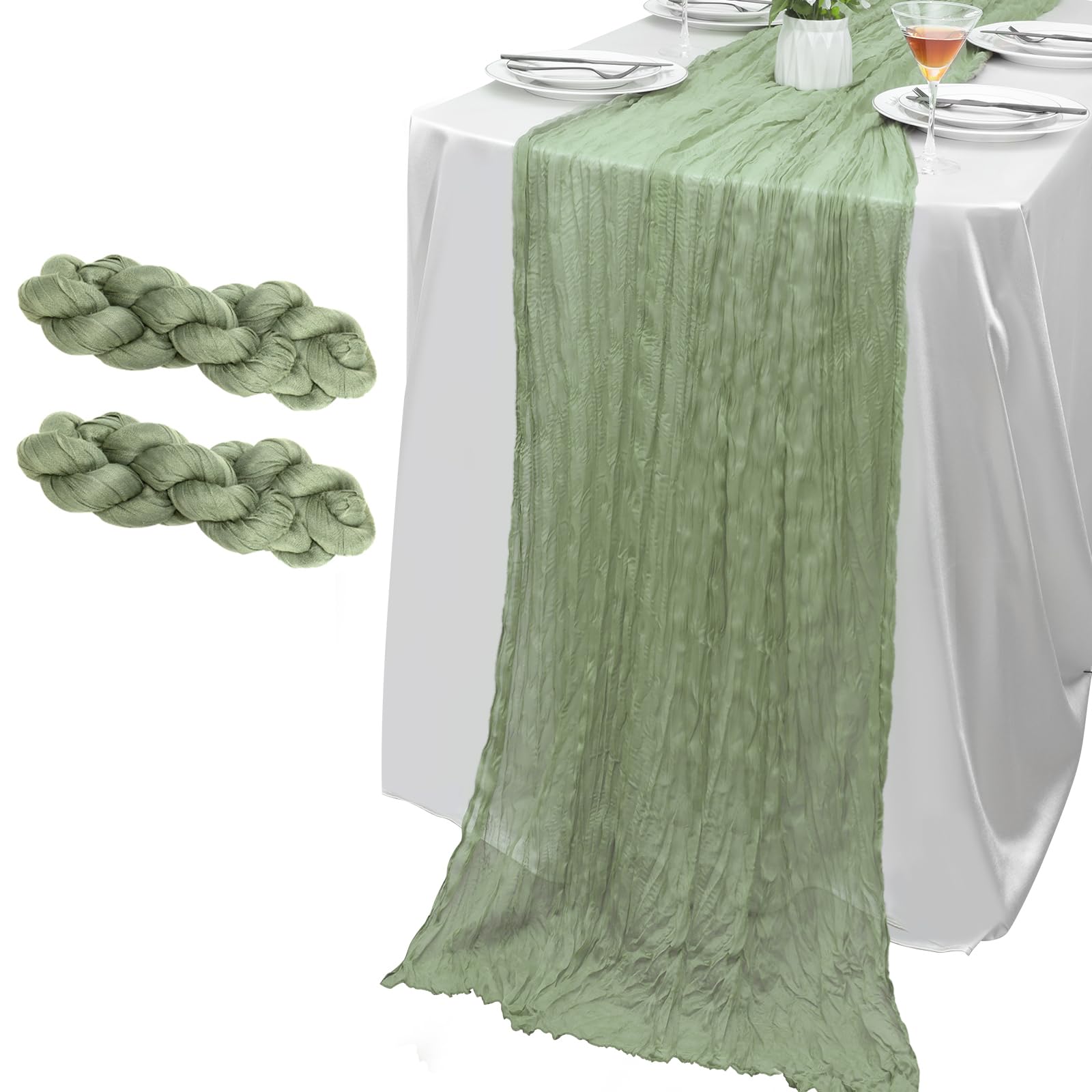 2 Pack Sage Green Cheesecloth Table Runner 10FT Boho Gauze Fabric Table Runner Vintage Rustic Sheer Runners for Wedding Party Bridal Baby Shower