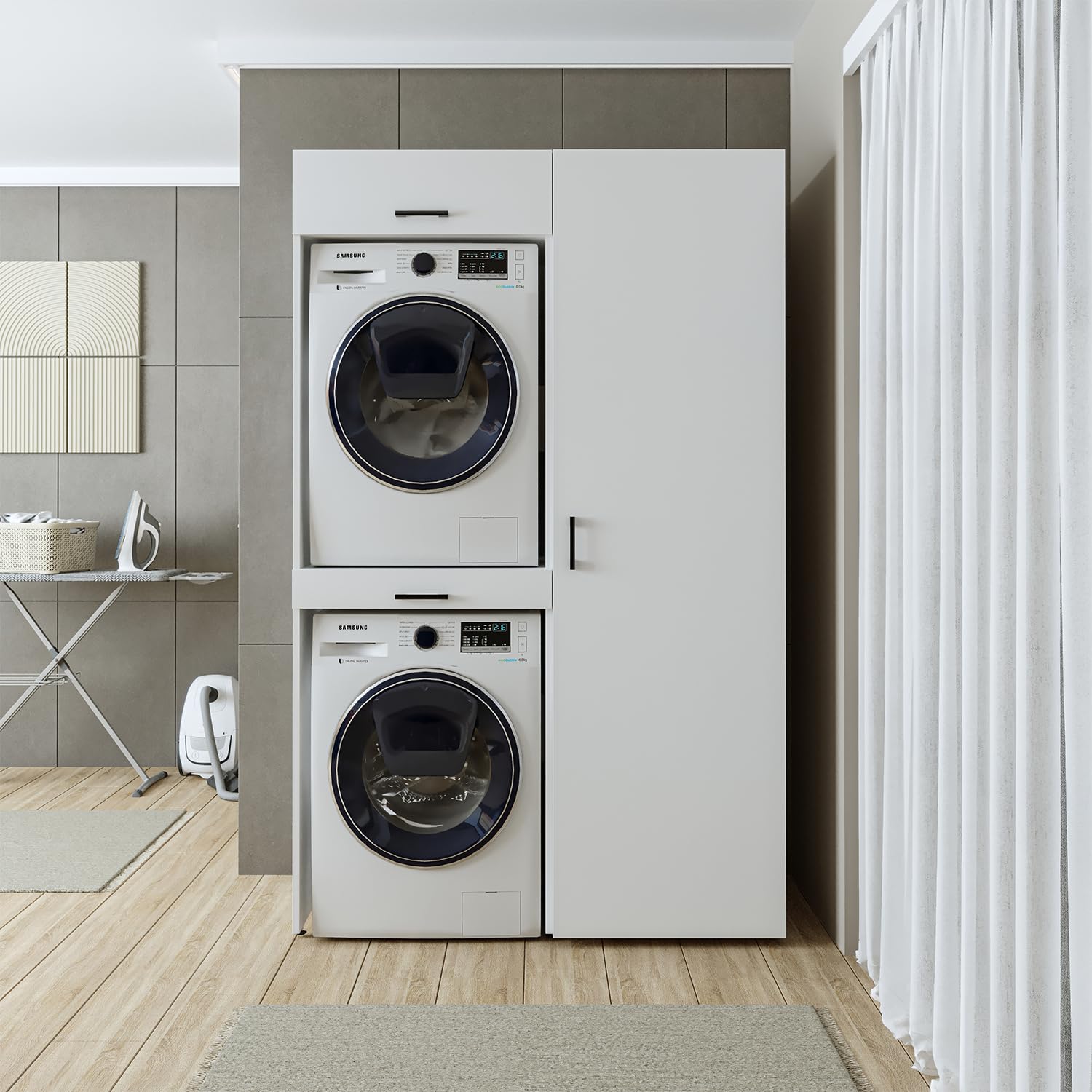 ROOMART, Schrankwand, Trockner auf Waschmaschine, 127 cm breit, Waschschrank, Waschmaschinenregal (1 Einlegeboden, Weiß)