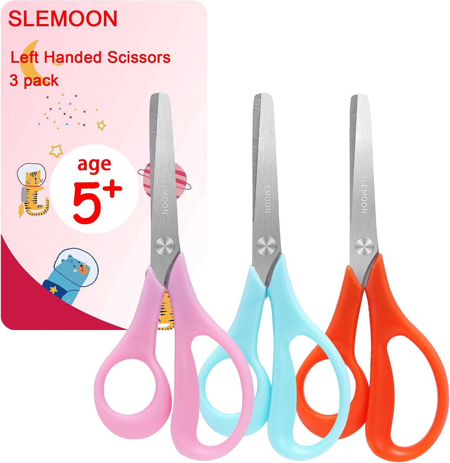 5" Left Handed Kids Scissors Set for Ages 4+,3 Pack,Blue,Pink