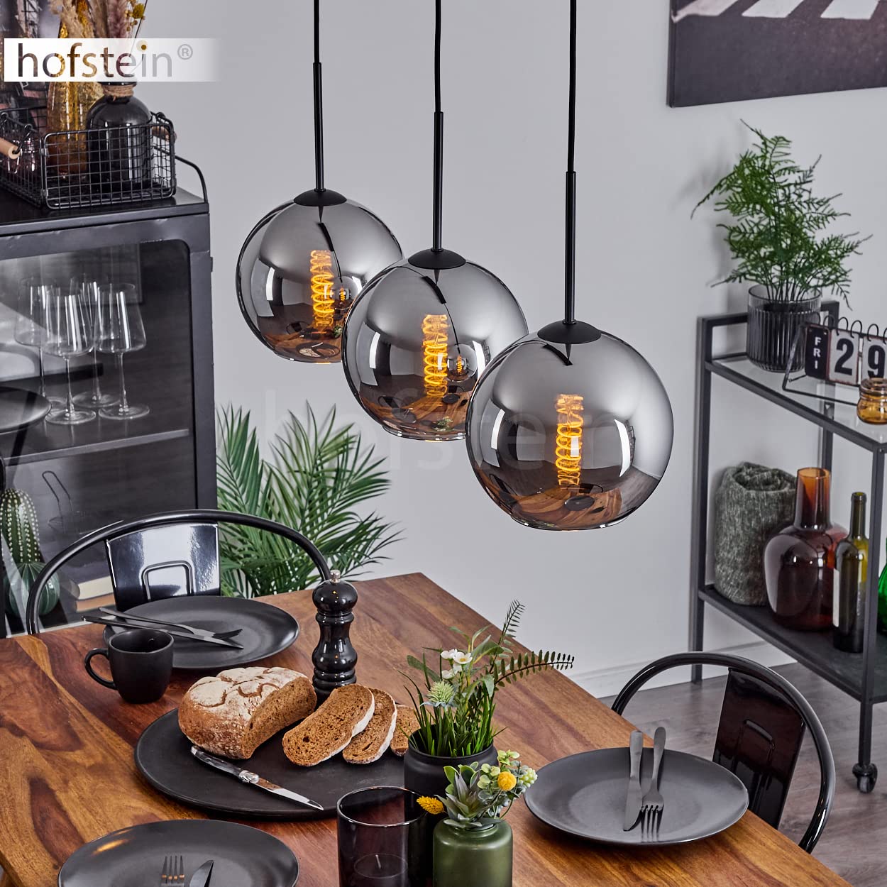 HOFSTEIN Hängeleuchte Koyoto, 3-flammige Hängelampe aus Metall/Glas in Schwarz/Chrom-/Rauchfarben, moderne Pendelleuchte im Retro/Vintage-Design, Ø Schirme 20 cm, E27, Esszimmer, Küche, Wohnzimmer