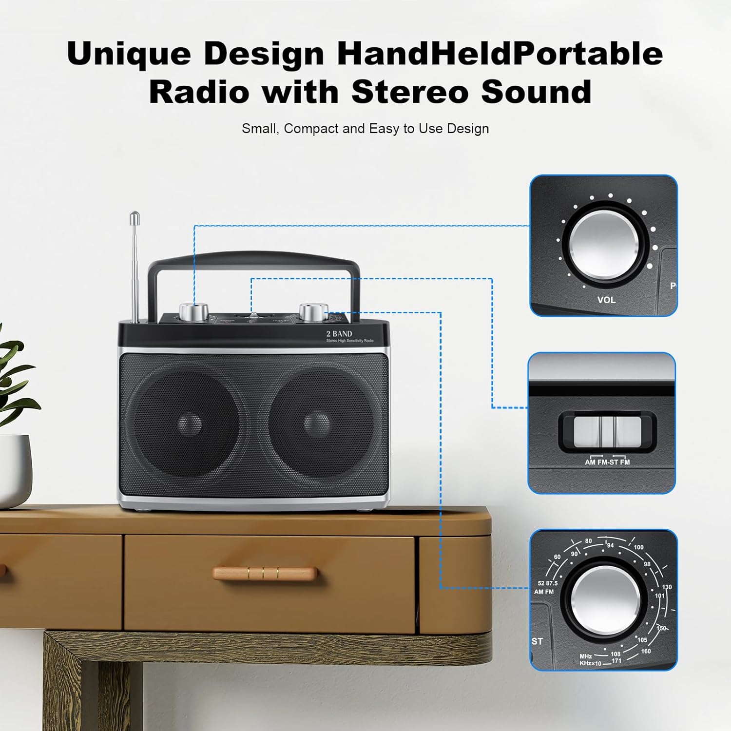 Diagram showing two power options for the radio: plugging into a wall outlet for AC power, and inserting D batteries into the battery compartment for DC power.
