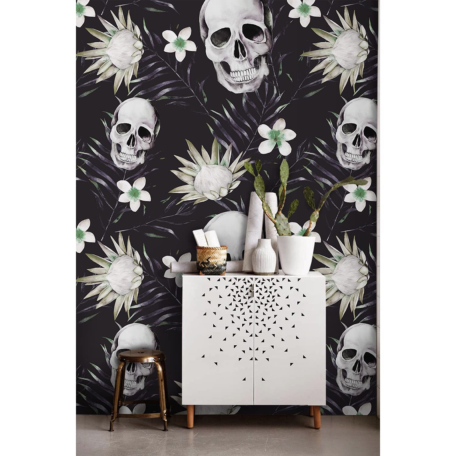 Papier peint haut de gamme décoration de meuble fleurs et crânes