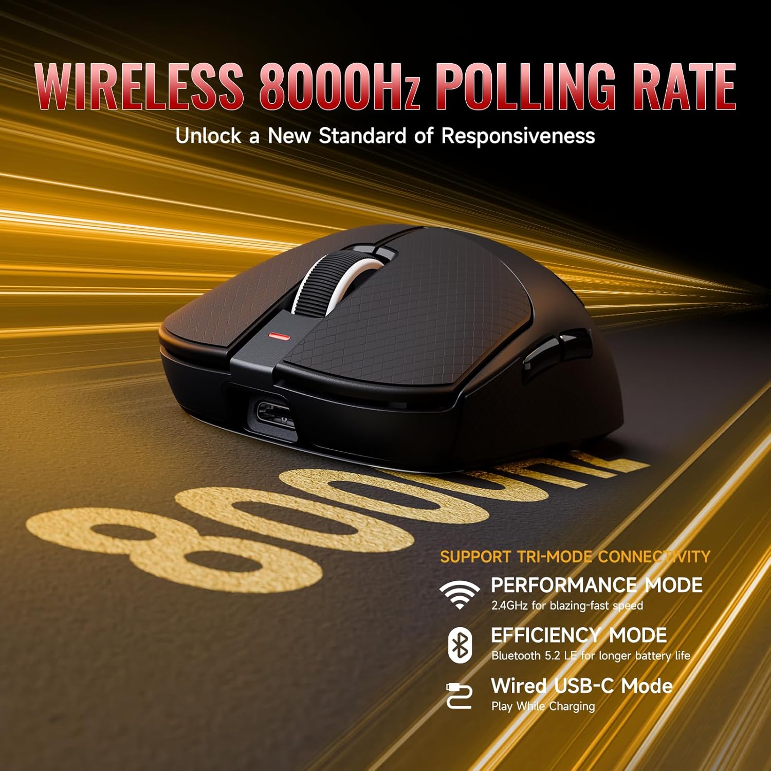 MAMBASNAKE x Attack SHRAK X8ULTRA Wireless Gaming Mouse with 42000 DPI,3950MAX Sensor,55g Lightweight Big Hand Ergonomic Mouse,8K Hz Polling Rate,Nordic52840,Tri-Mode 2.4Ghz/Type-C/BT(Black&Tape)