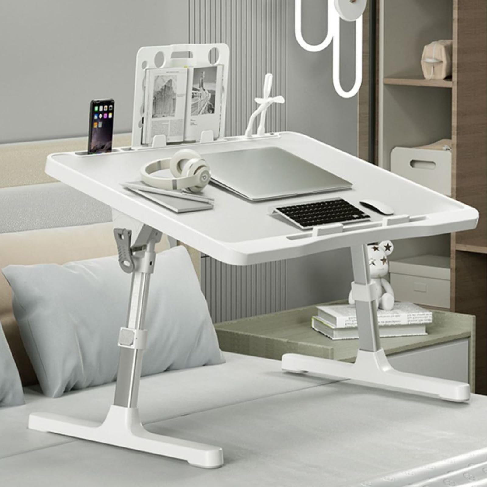Tavolino Per Laptop, Vassoio Da Letto Regolabile In Altezza Comodino Pieghevole Con Cassetto Ripiano Lampada Da Scrivania Usb E Ventilatore Per Letto Divano Pavimento 60x40 Cm