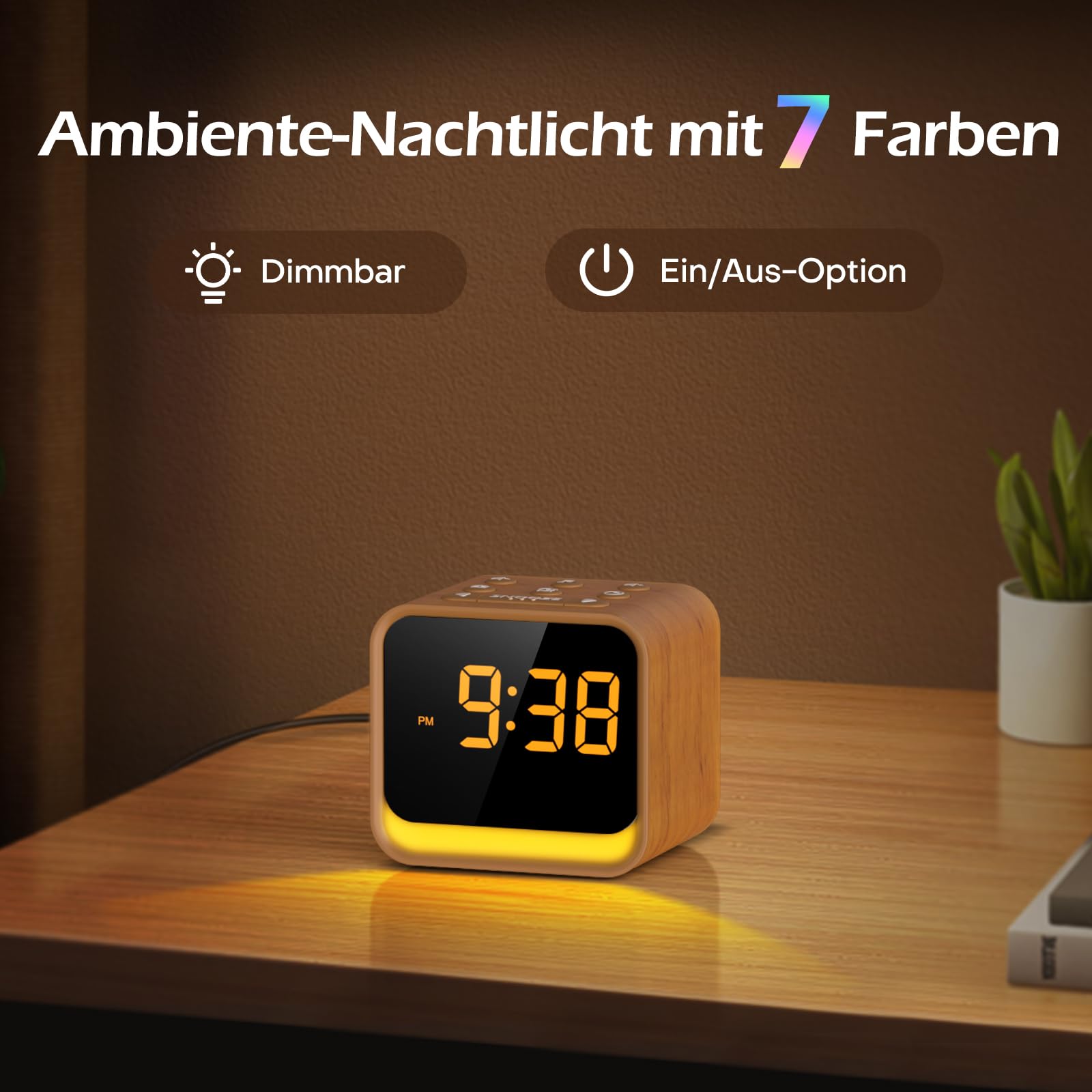 REACHER Radiowecker für das Schlafzimmer, Digitale FM Radiouhr mit Weißrausch-Soundmaschine, 9 Alarmtönen, dimmbarem Display, 7 Farben Nachtlicht, Automatischem Abschalt-Timer, Snooze