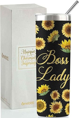 Regalos para mujer jefa, regalos de girasol para jefa, vasos aislados de acero inoxidable con tapas y pajitas de 20 onzas, divertida idea de regalo