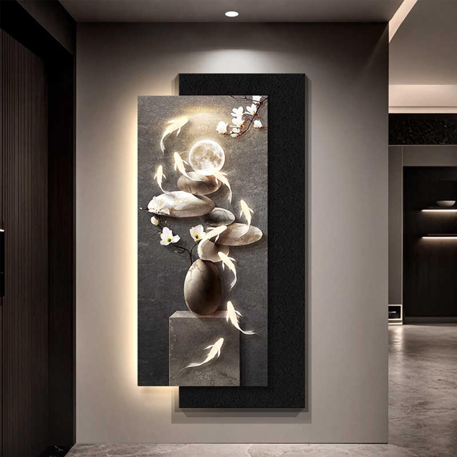 3D Fish Wall Sculpture Painting Decoration with Light, LED Light Decor Wall Art, Sandstone Stone Decors Walls Sculptures 3D Art for Living Room Entrance Office(D,40 * 80cm)