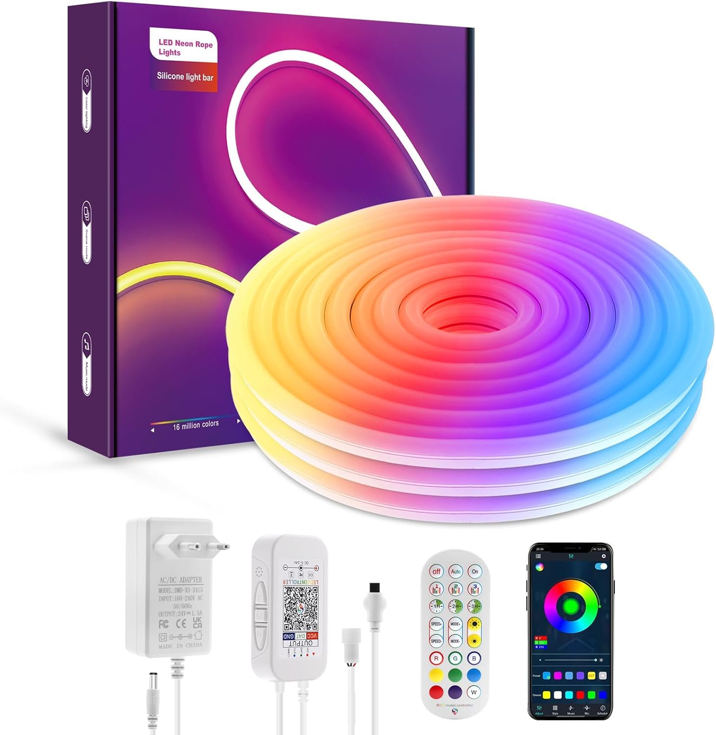 LUXONIC 5M Strisica LED Neon, RGBIC, 24V Silicone Neon Luci LED Flessibile Bluetooth con APP e Telecomando, impermeabile, Sincronizzazione Musicale, Decorazione Esterna/Interna del partito, Festa
