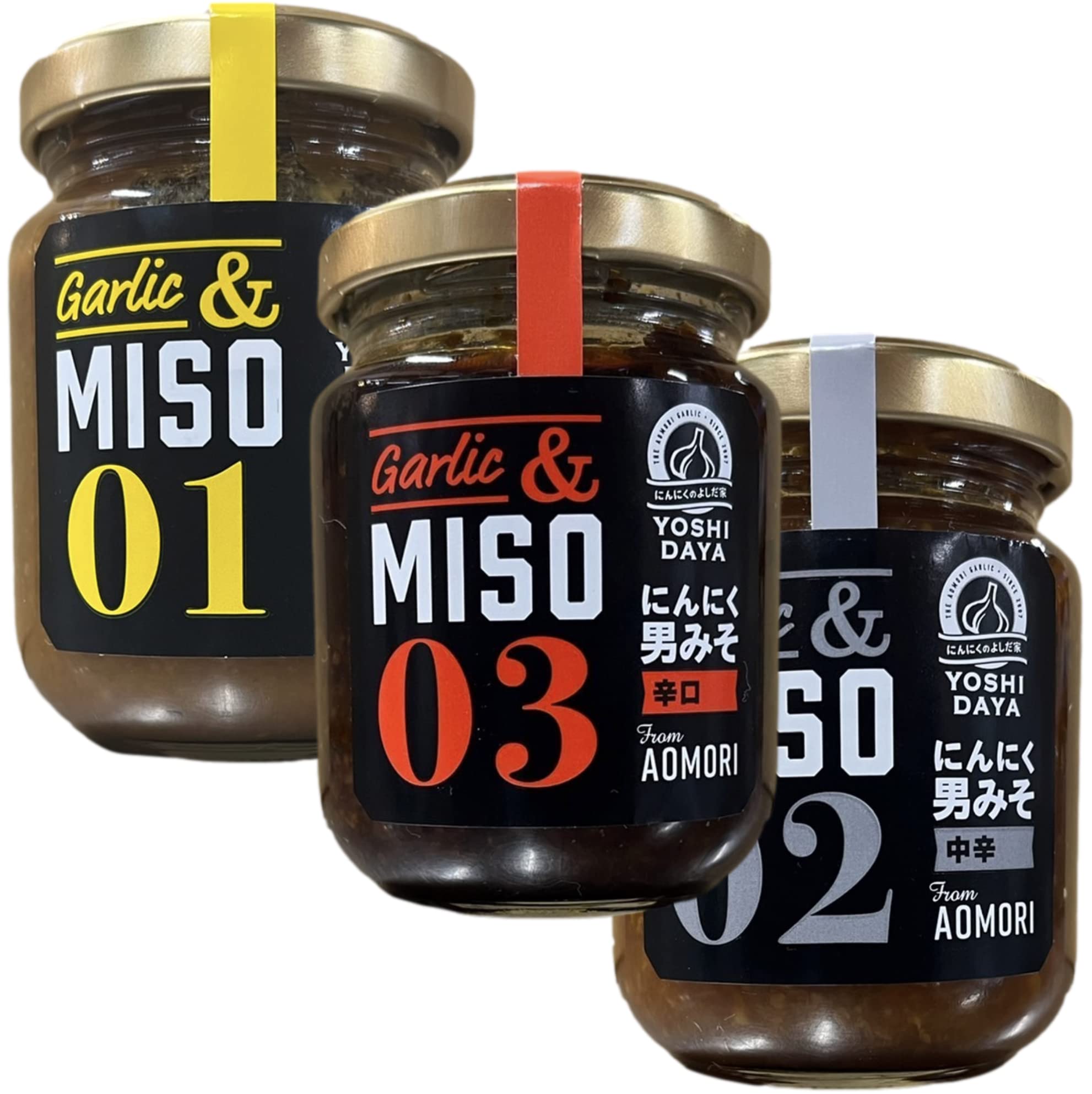 にんにくのよしだ家 【ご飯のお供】TV番組人生の楽園から生まれた にんにく男味噌 青森にんにくのよしだ家×岩手麹屋もとみやコラボ商品 1瓶100g(甘口/中辛/辛口フルセット)