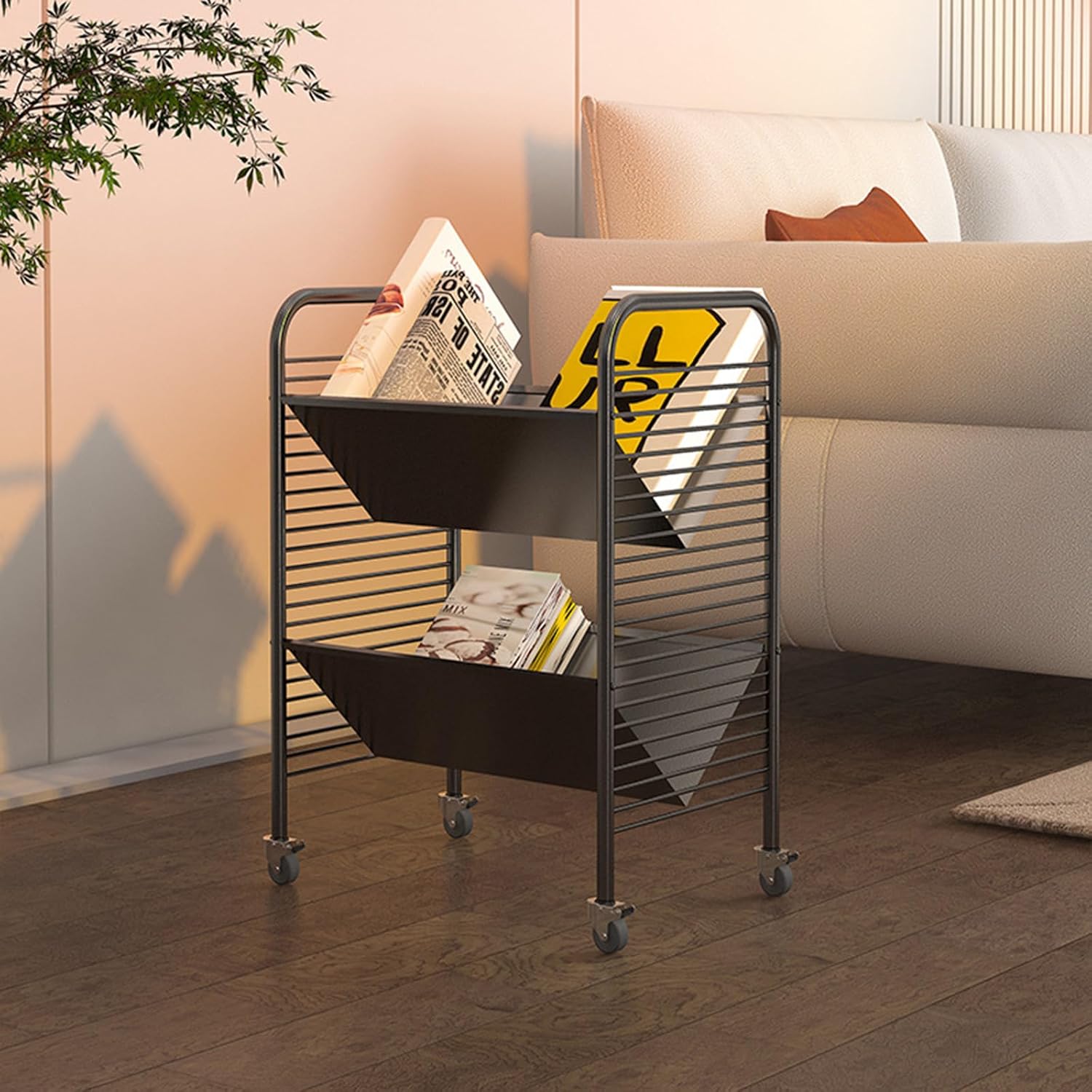 Book cartMobile Bookshelf on Wheels 2 Tier Rolling Book cart with Slanted Shelves Deep V Design for School,Bedroom,Classroom,Office,Library,Black