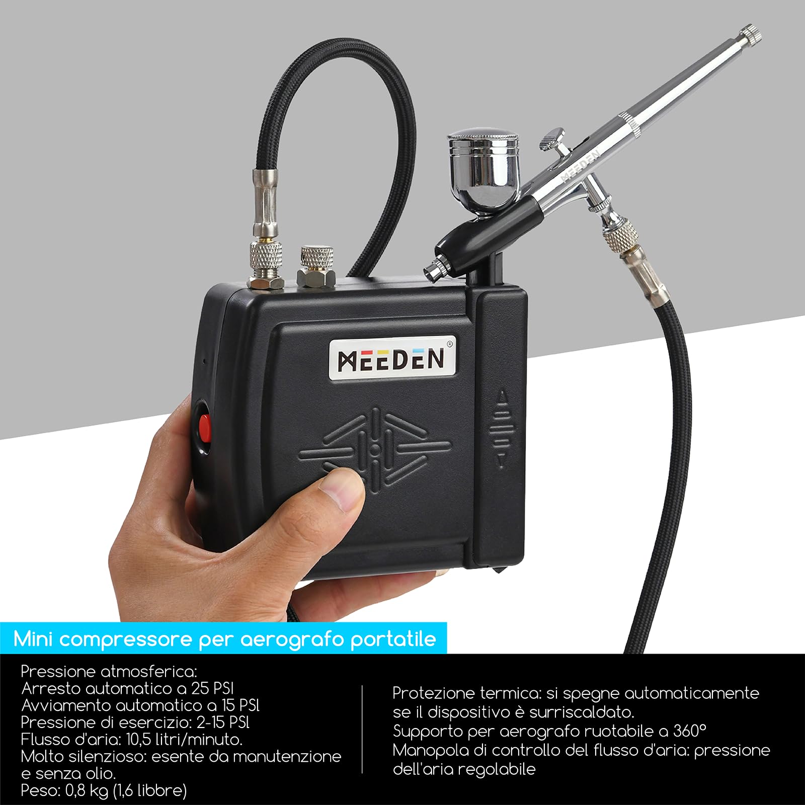 MEEDEN Aerografo per Modellismo: Compressore A Batteria Per Spazzole Ad Aria Auto Stop Con Tubo Dell'aria Da 1,8 M Per Decorazione Di Torte Tatuaggio Graffiti Pittura Decorazione Di Torte - Nero