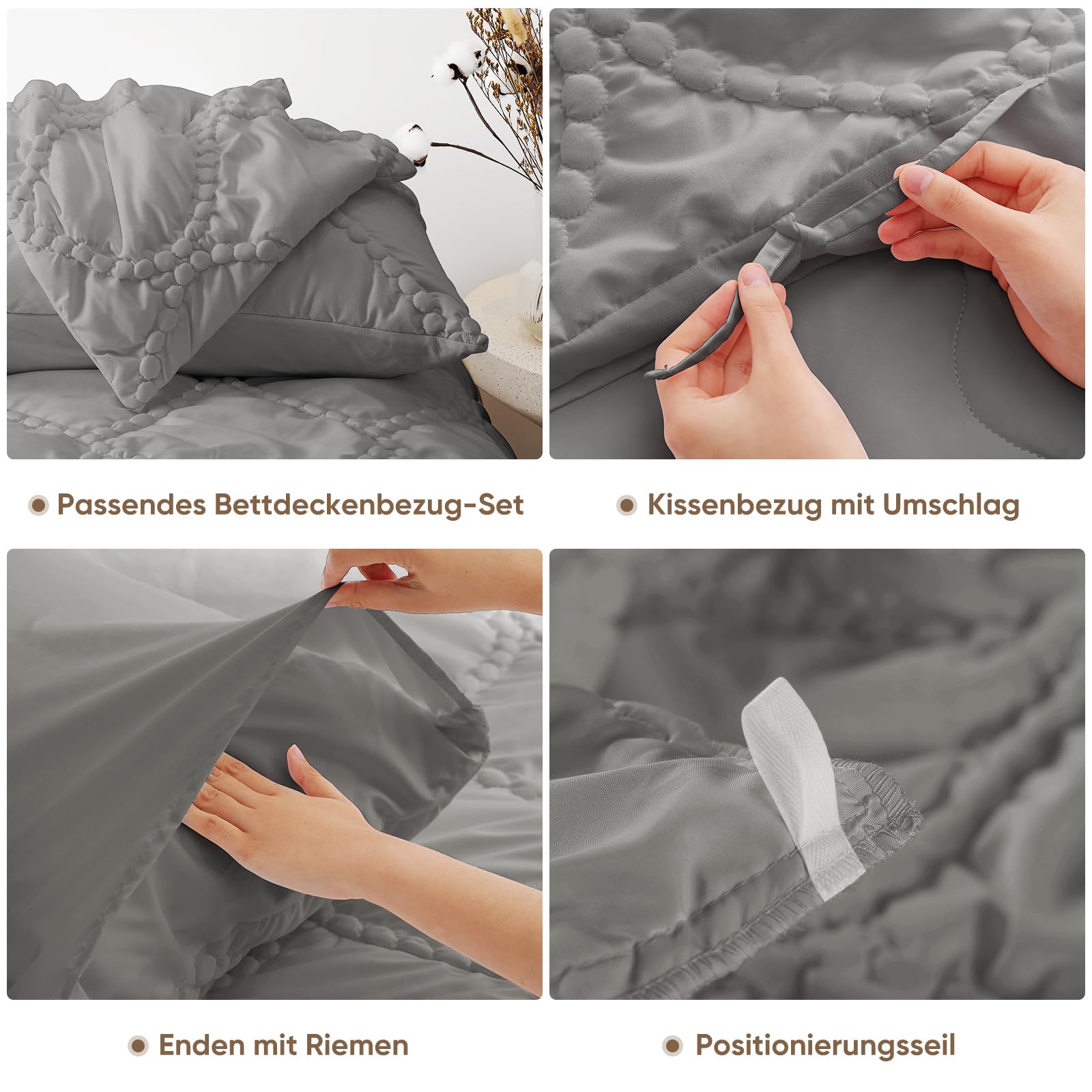 Elegear leichte Sommerdecke 135x200 cm, 2-in-1 Bettdecke und Bettbezug in einem, mit Kissenbezüge 80x80 cm, handbestickte dünne Sommerbettdecke, Oeko-Tex Waschbare Duvet, Grau