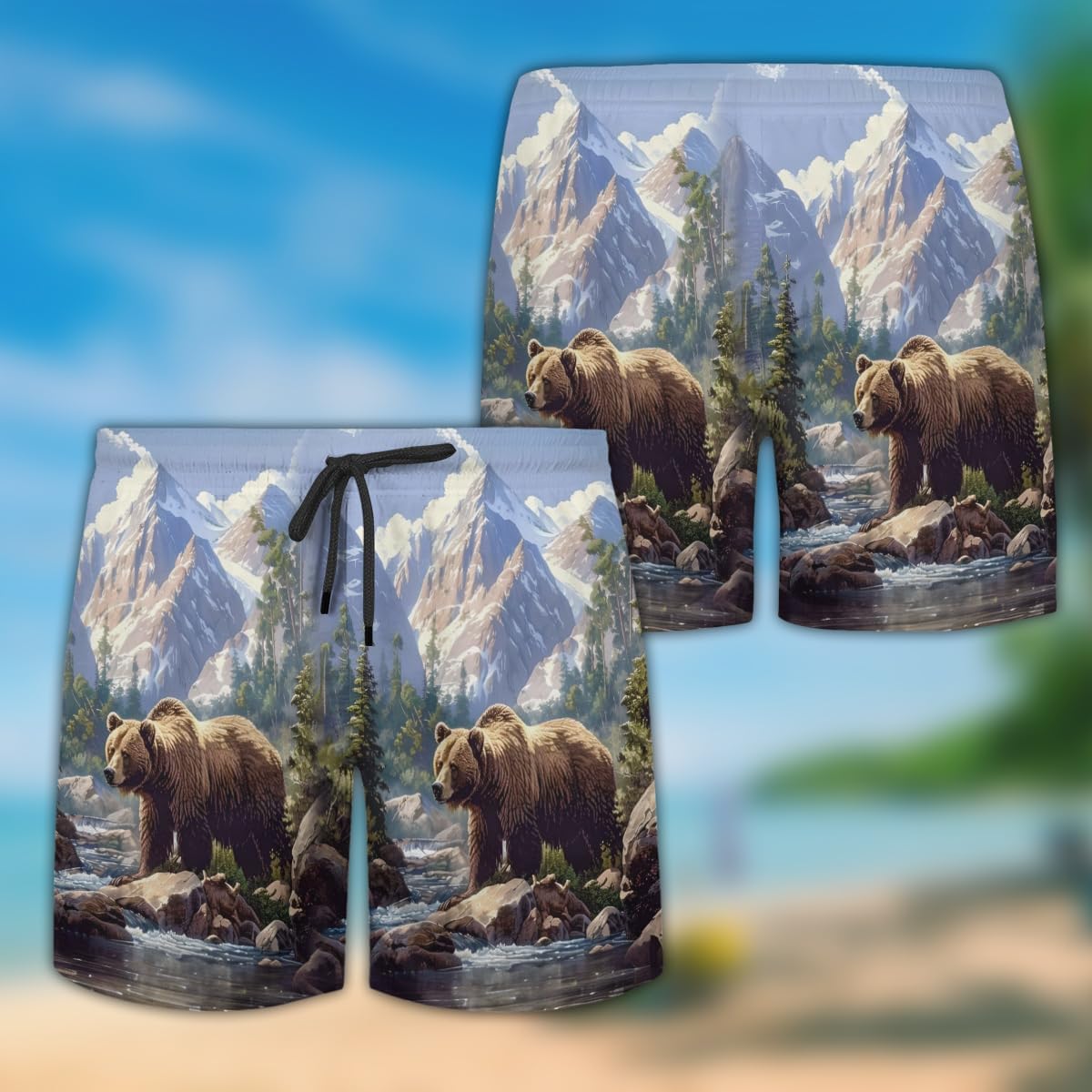 Polar Bear Mens Swim Trunks - Wild Animal Hawaiian Mens Swim Short Beach Shorts TU-SH-77