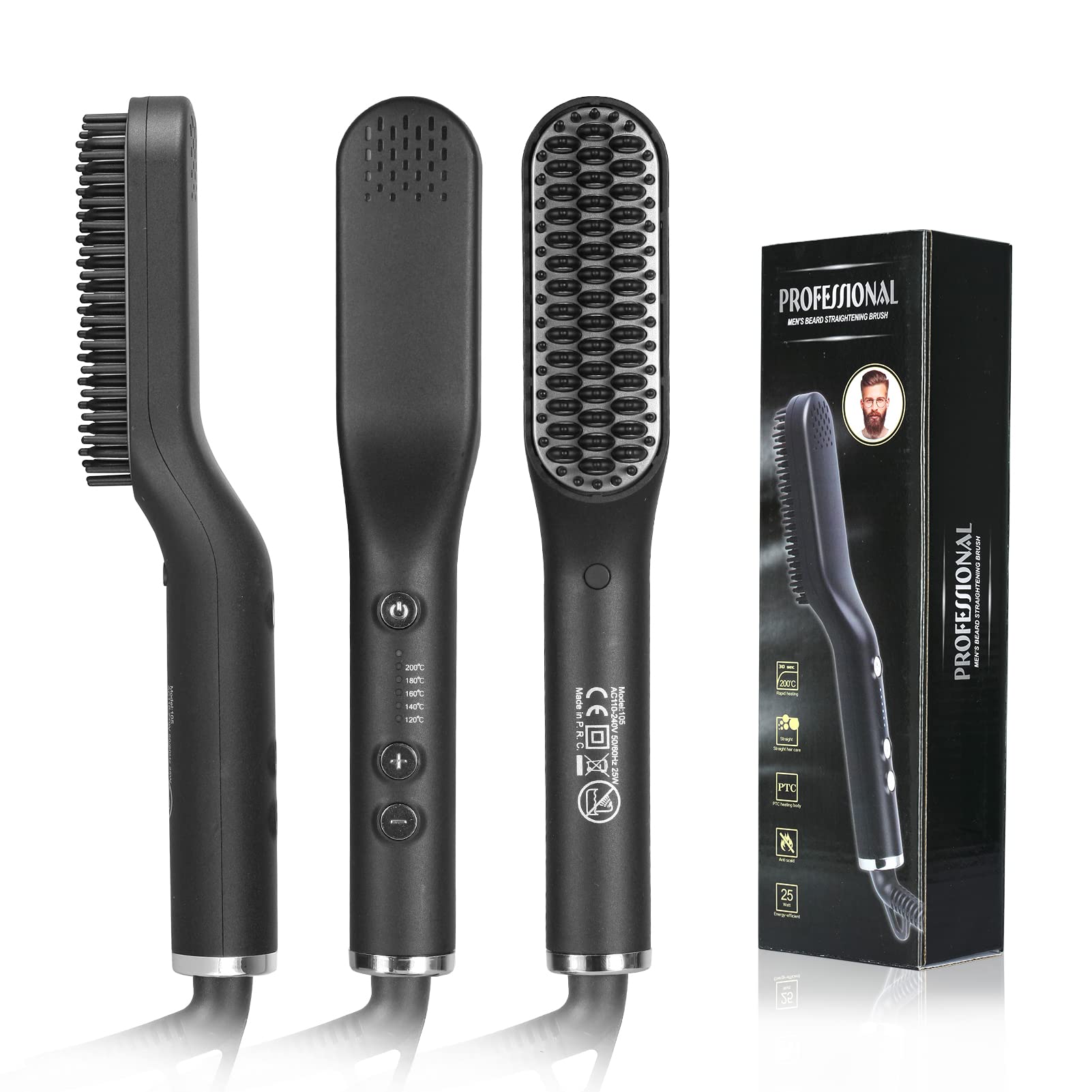 TDOOBeard Straightener Comb Brush for Men,Anti-Scald Hair Style & Beard Straightening Brush - Portable Styling Comb Beard Iron with 3 Temperatures & Quick Electric Heated（C）