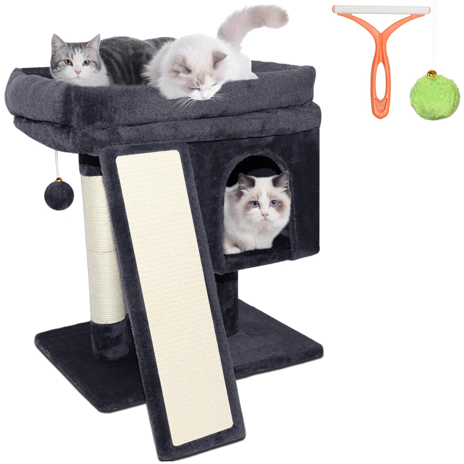 Kratzbaum Klein für Große Katzen, XL Liegemulde 54x42cm, Katzenkratzbaum mit Selbstheizender Decke (Waschbar), Stabiler Kletterbaum mit Kratzbrett, Höhle & Reinigungsbürste, Grau