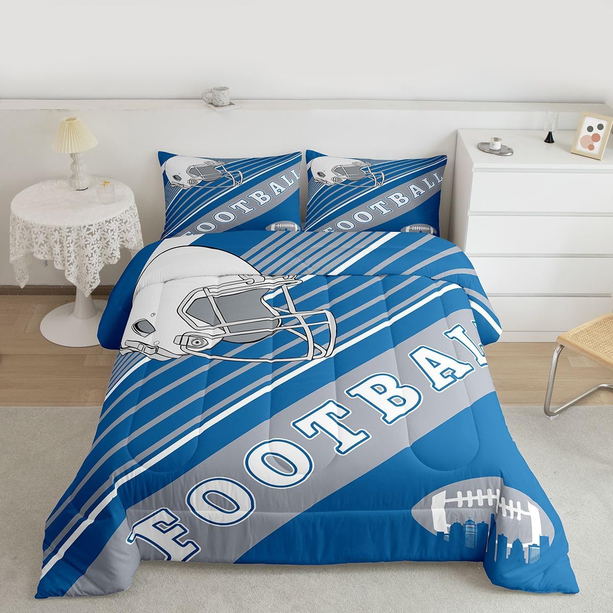 Erosebridal Sports Football Bedding Comforter Sets White and Sky Blue Rugby Helmet Bedding Full, Football Themed Comforter Set Retro 3D Ball Game Quilt with 2 Pillowcases - Image 3