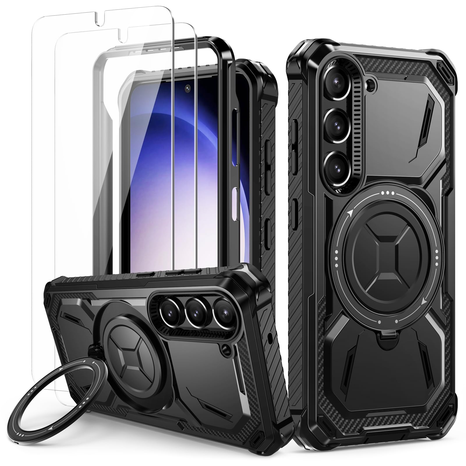 Lanhiem Cover per Samsung S23 5G, Magnetica con Anello, Antiurto Militare Indistruttibile, Protezione Completa del Corpo a 360°con 2 Vetro Temperato, Heavy Duty Custodia per Samsung Galaxy S23, Nero