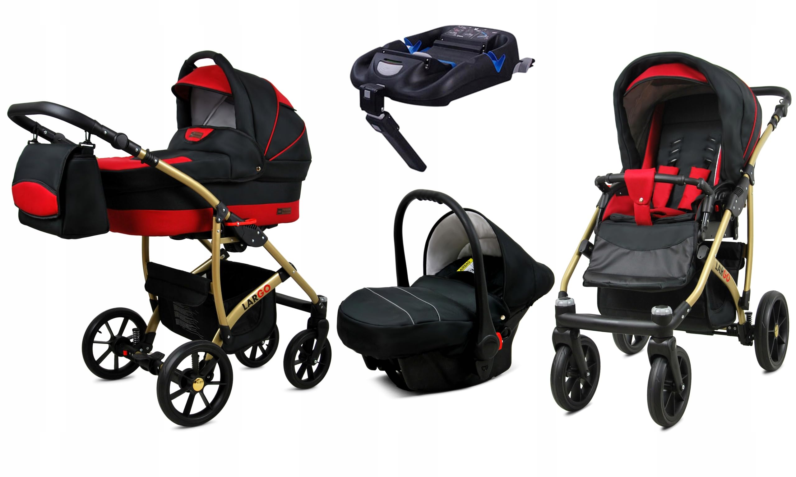 BabyLux Zestaw wózków dziecięcych 4 w 1 – Largo – w zestawie wanienka dla niemowląt, fotelik sportowy, fotelik samochodowy, stacja bazowa ISOFIX – fotelik samochodowy – zestaw wózków dziecięcych