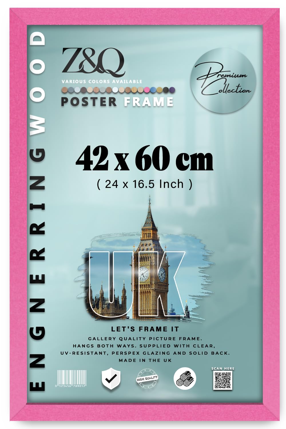 Z&Q Large Poster Frame 42x60 cm Mdf Wood Portrait & Horizontal Wall Hanging Shatterproof Front Wall Hanging Photos Canvas Pictures Home Office School Art Gallery (Pink)