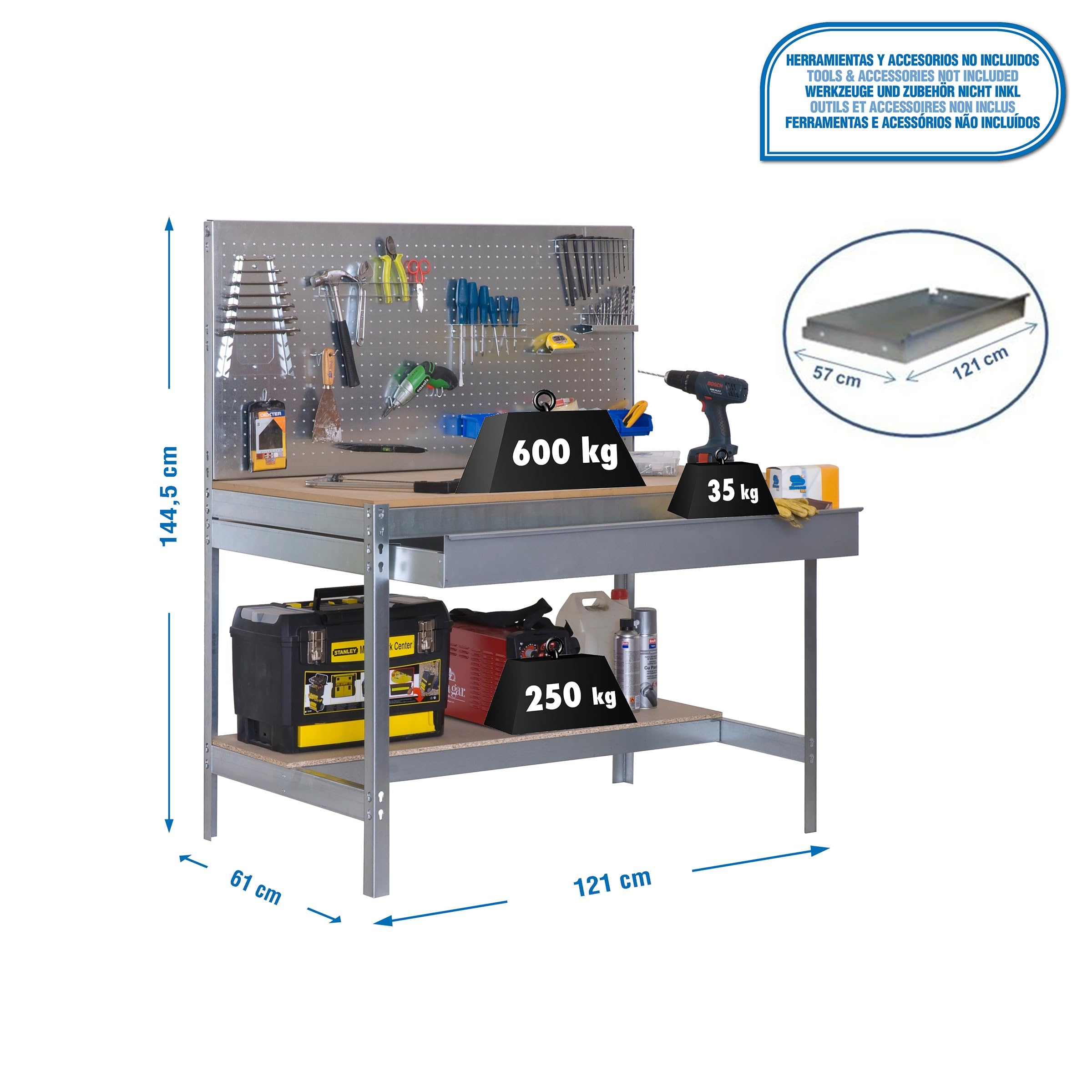 SimonRack Etabli d’Atelier, Capacité de Charge 600 kg, 1445x1210x610 mm, Panneau Perforé, Étagère Tiroir de Rangement, Table de Travail Bricolage, Galvanisé/Bois - BT2