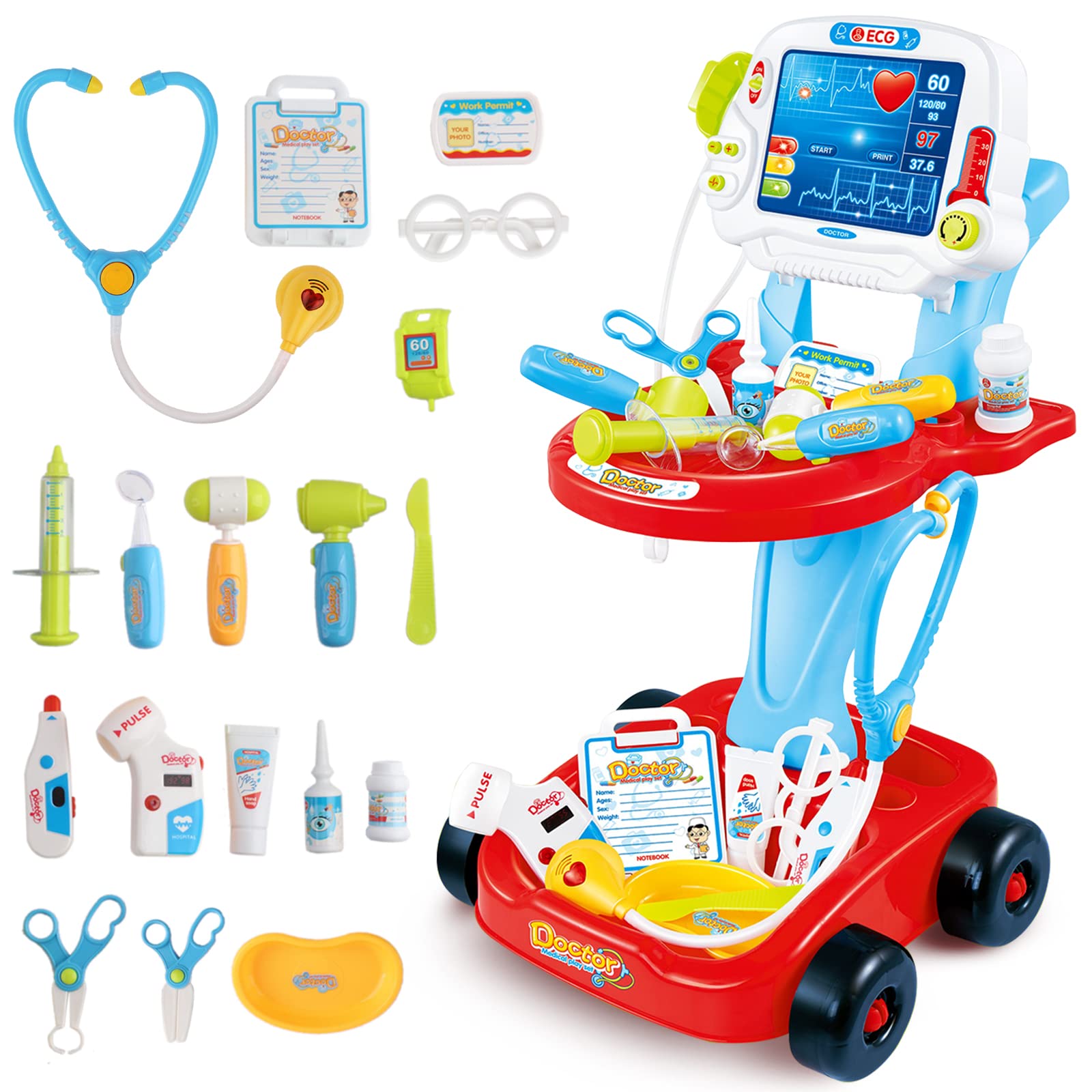 deAO Doctors Set for Kids, Little Doctors Trolley Kit Kids Medical Center Hospital Portable Role Play Set with Accessories, Great Gift for Toddlers