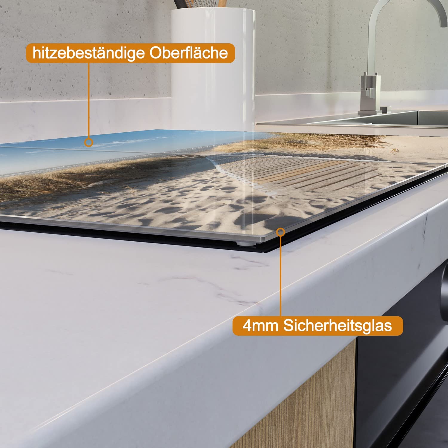 Wallario Herdabdeckplatte/Spritzschutz aus Glas, 2-teilig, 80x52cm, für Ceran- und Induktionsherde, Auf dem Holzweg zum Strand