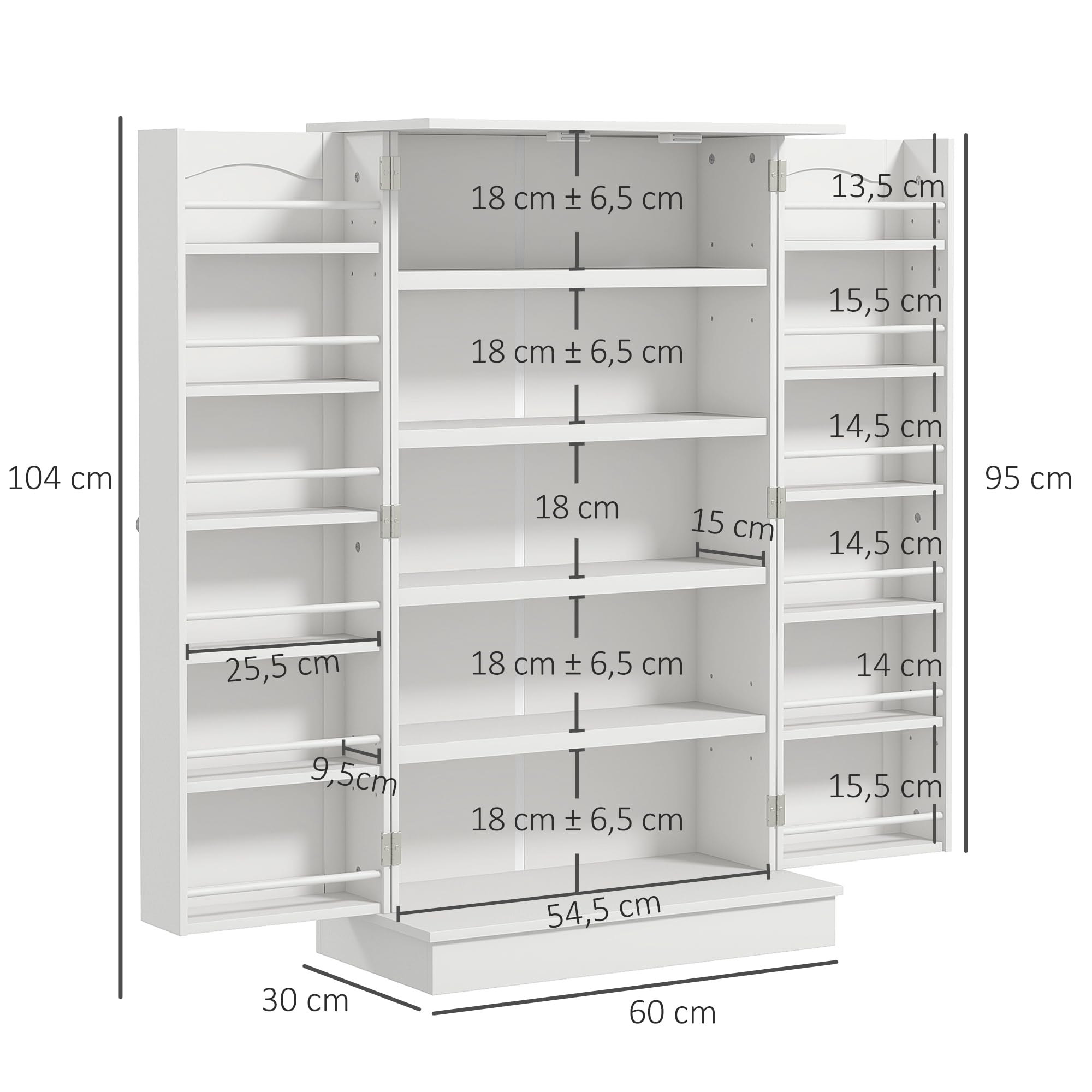 HOMCOM Armoire de Cuisine Garde-Manger Moderne 60 x 30 x 104 cm Blanc | Buffet Cuisine Vaisselier, Meuble de Rangement, avec Placards, Étagère Réglable, 12 Porte-Épices, pour Salle à Manger, Salon