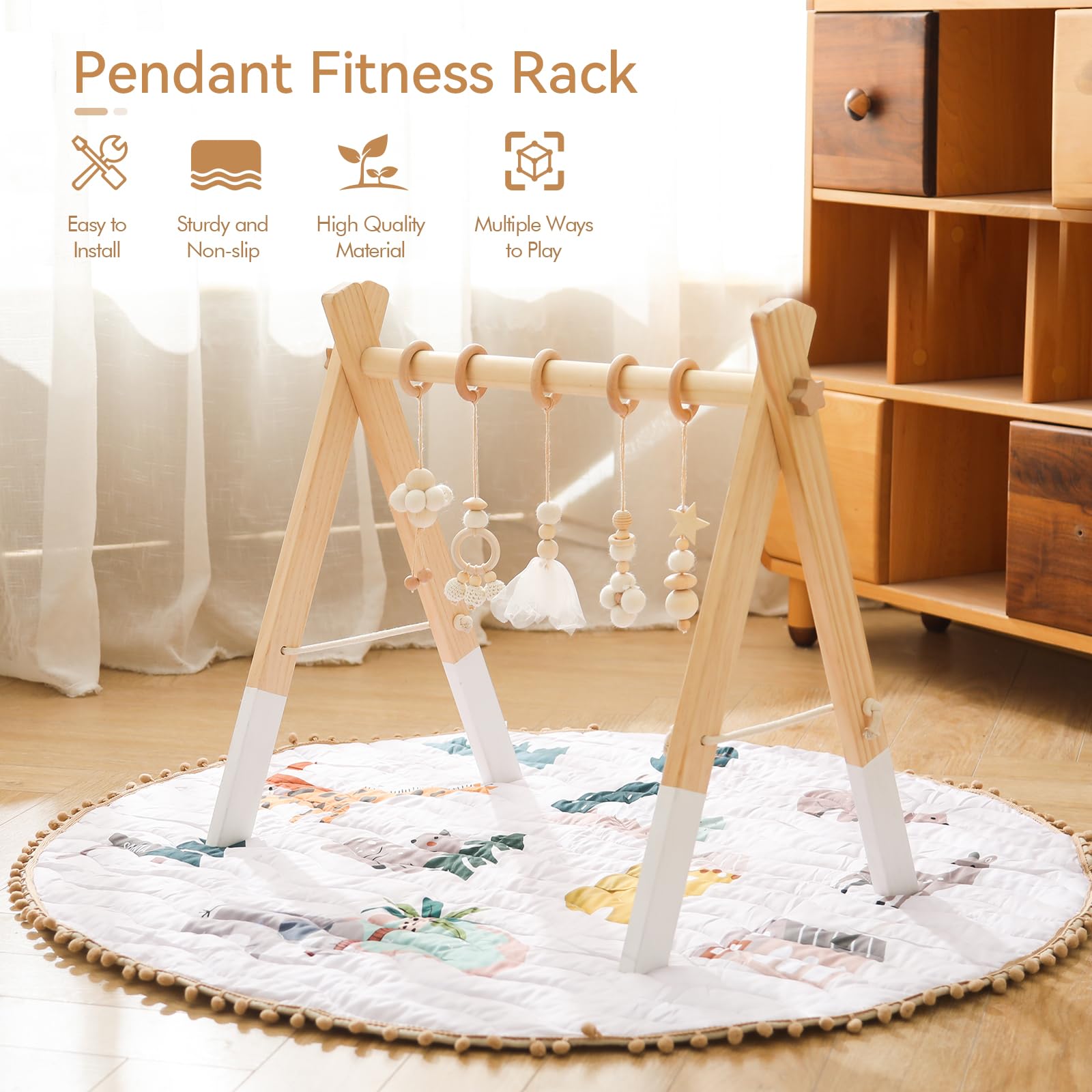 Promise Babe Wooden Baby Play Gym Arch with 5 Detachable Sensory Toys, White Cotton Pendant Design, Newborn Baby Essentials - Image 4