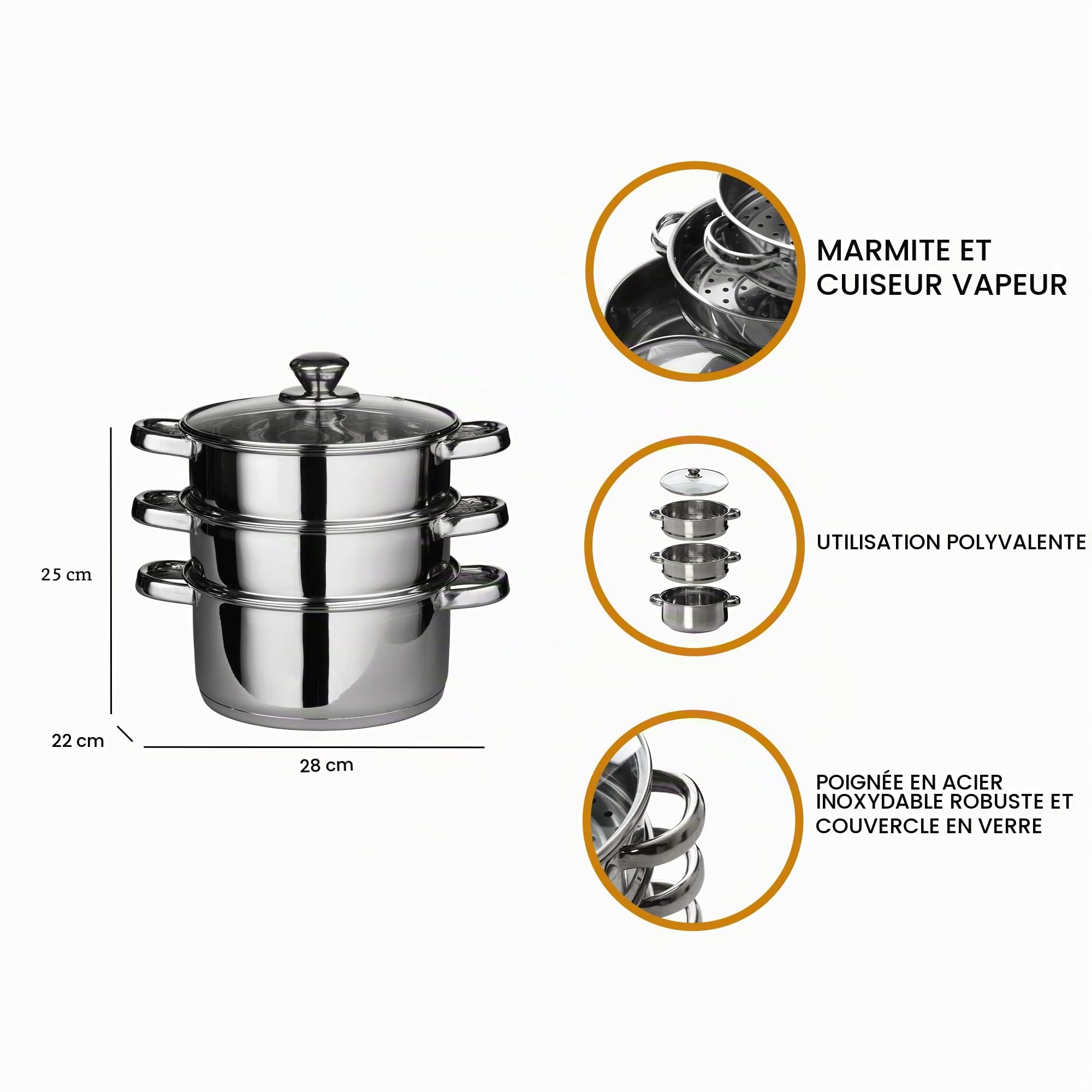 Premier Housewares 0408129 Couscoussier de 3 Niveau en Acier Inoxydable et Couvercle en Verre
