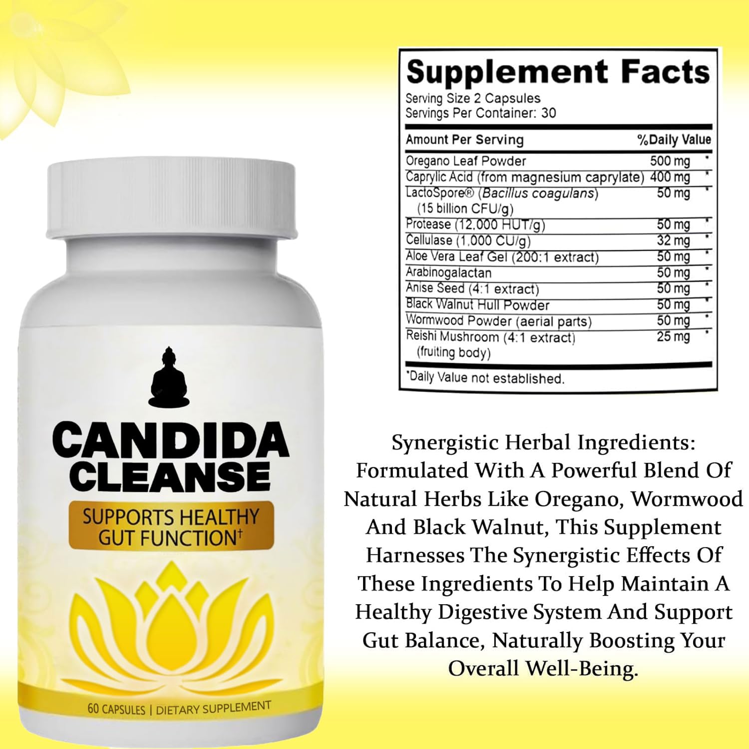 Candida Cleanse - Gut & Colon Support, Natural Herbal Formula, Include Oregano Leaf, Wormwood, Black Walnut, Caprylic Acid-1, 60 Capsules (2) — Amazon image 2