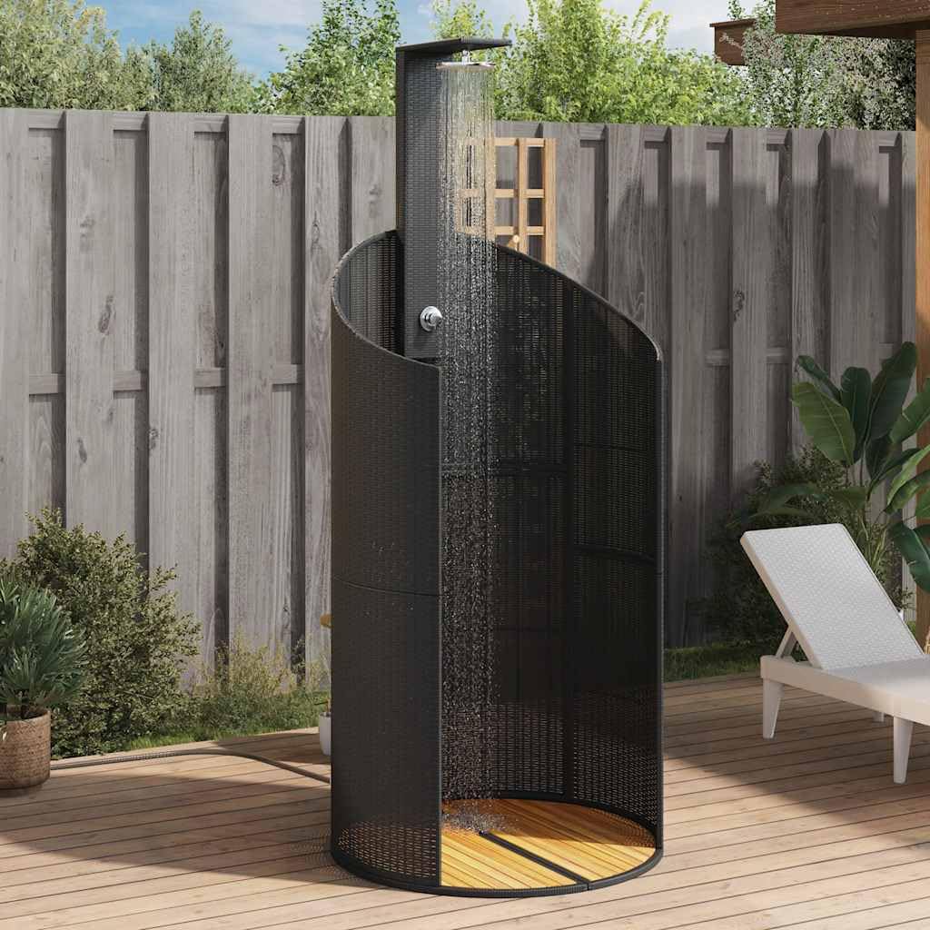 vidaXL Gartendusche, Outdoor Dusche mit Lattenboden Stahlrahmen, Terrassendusche für Pool Schwimmbad, Gartenmöbel Terrassenmöbel, Schwarz Poly Rattan Akazienholz